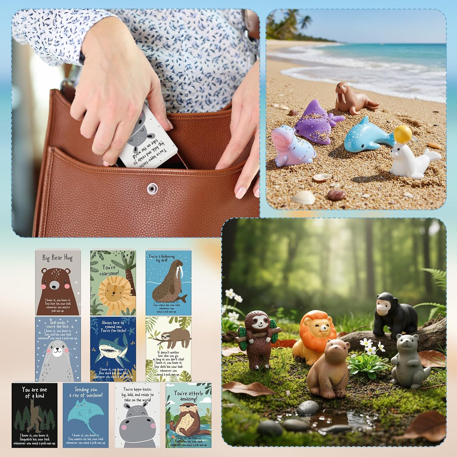 Soulchen 100 Sets Mini Emotional Gifts Bulk for Employee Positive Mental Health Stress Relief Gifts Cute Resin Animal Figurines with Pun Box for Graduation Teacher Veterinary Adults (Cute)