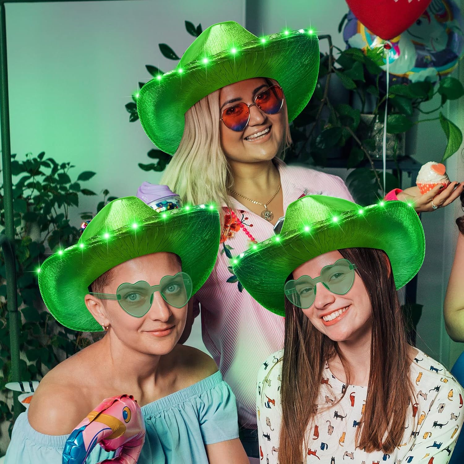 Zhanmai 8 Pieces Cowboy Hat LED Light Up Hat and Heart Sunglasses Sparkly Space for Cowgirl Women Halloween Costume - Image 6