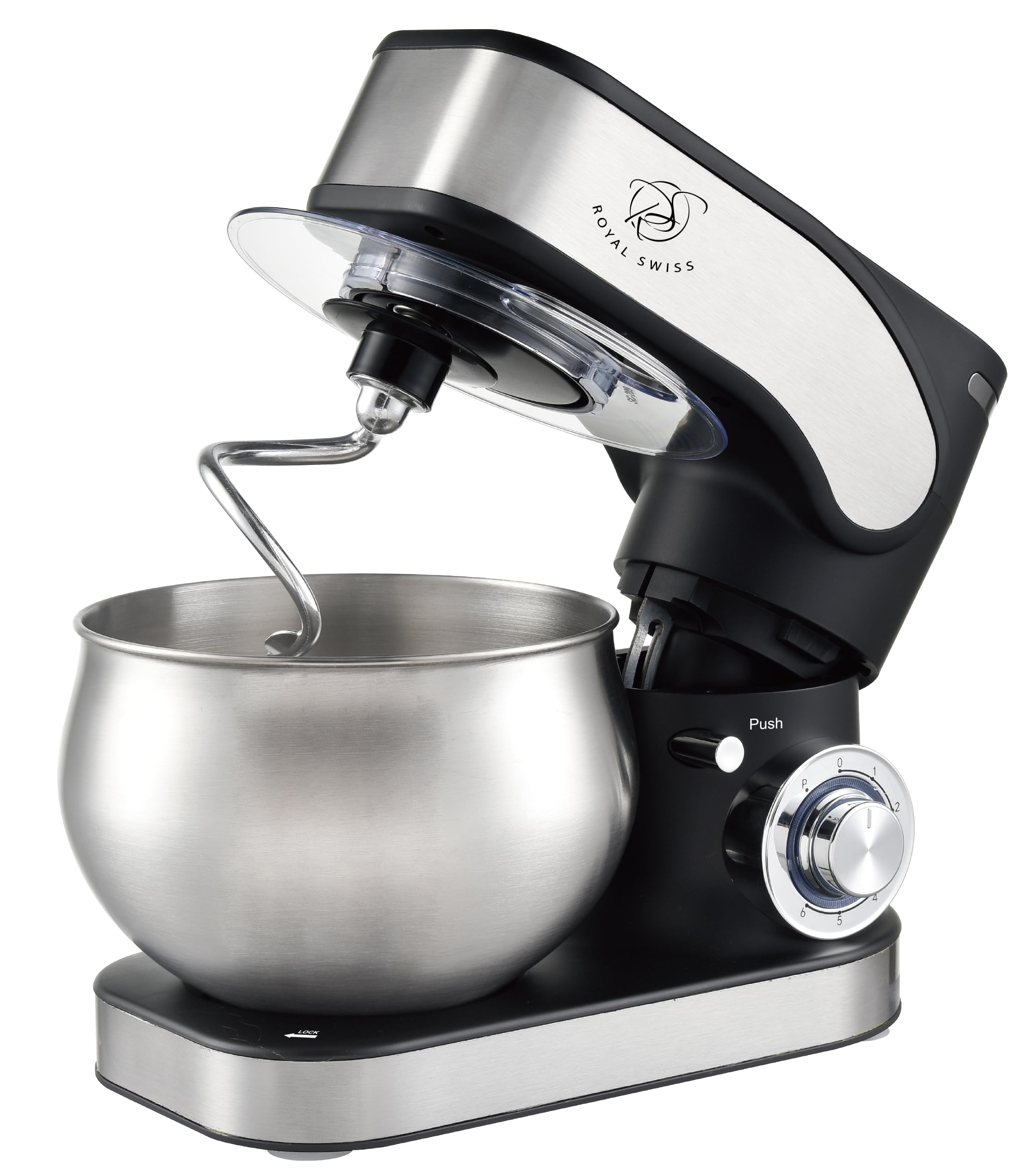 Royal Swiss Robot kuchenny 1300 W – miska ze stali nierdzewnej 5 l, ruch planetarny, 6 prędkości + puls, trzepaczka, hak do ciasta i ubijak płaski – mocny mikser do chleba, ciast, kremów i sosów