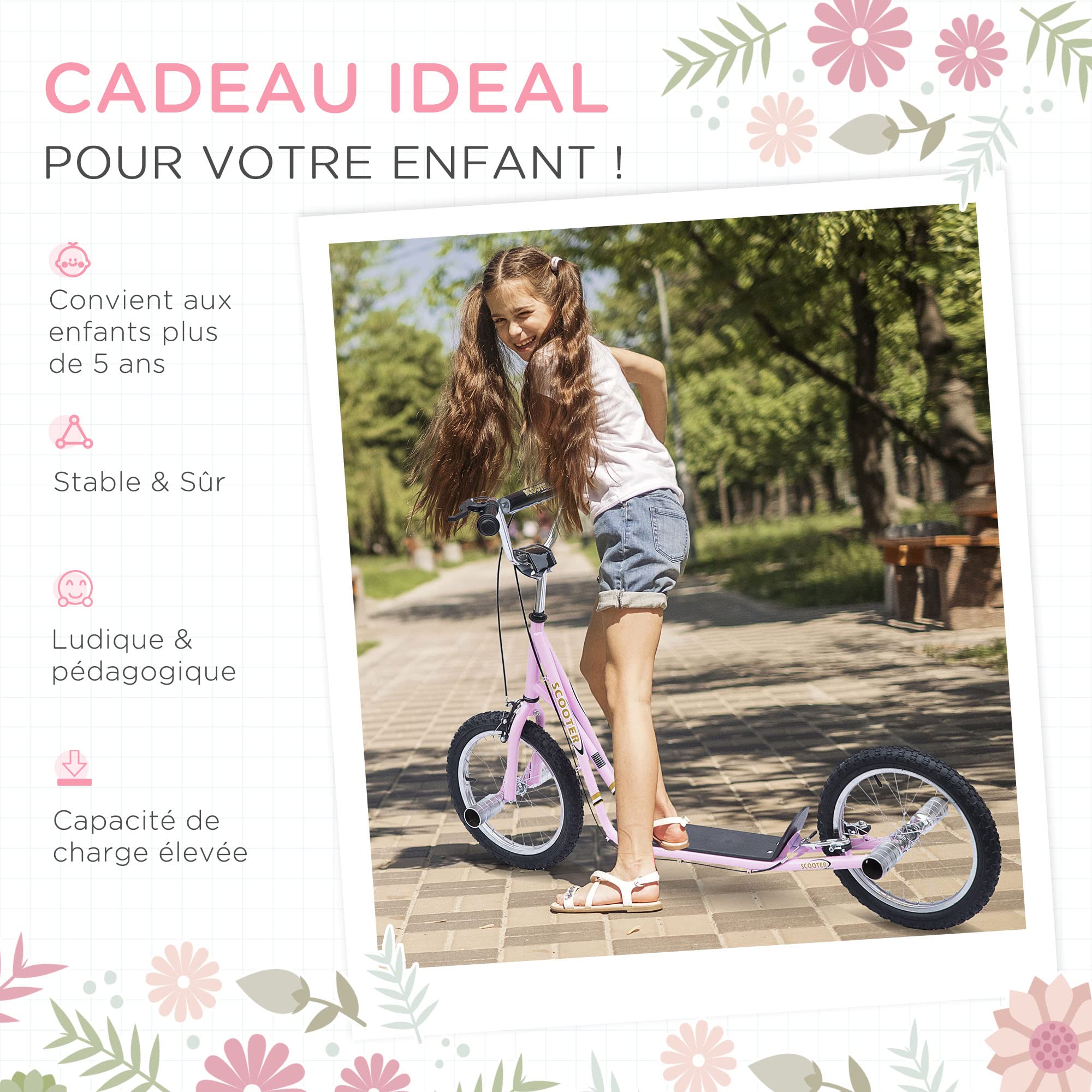 HOMCOM Trottinette Grandes Roues pneumatiques Ø 41 cm avec pegs
