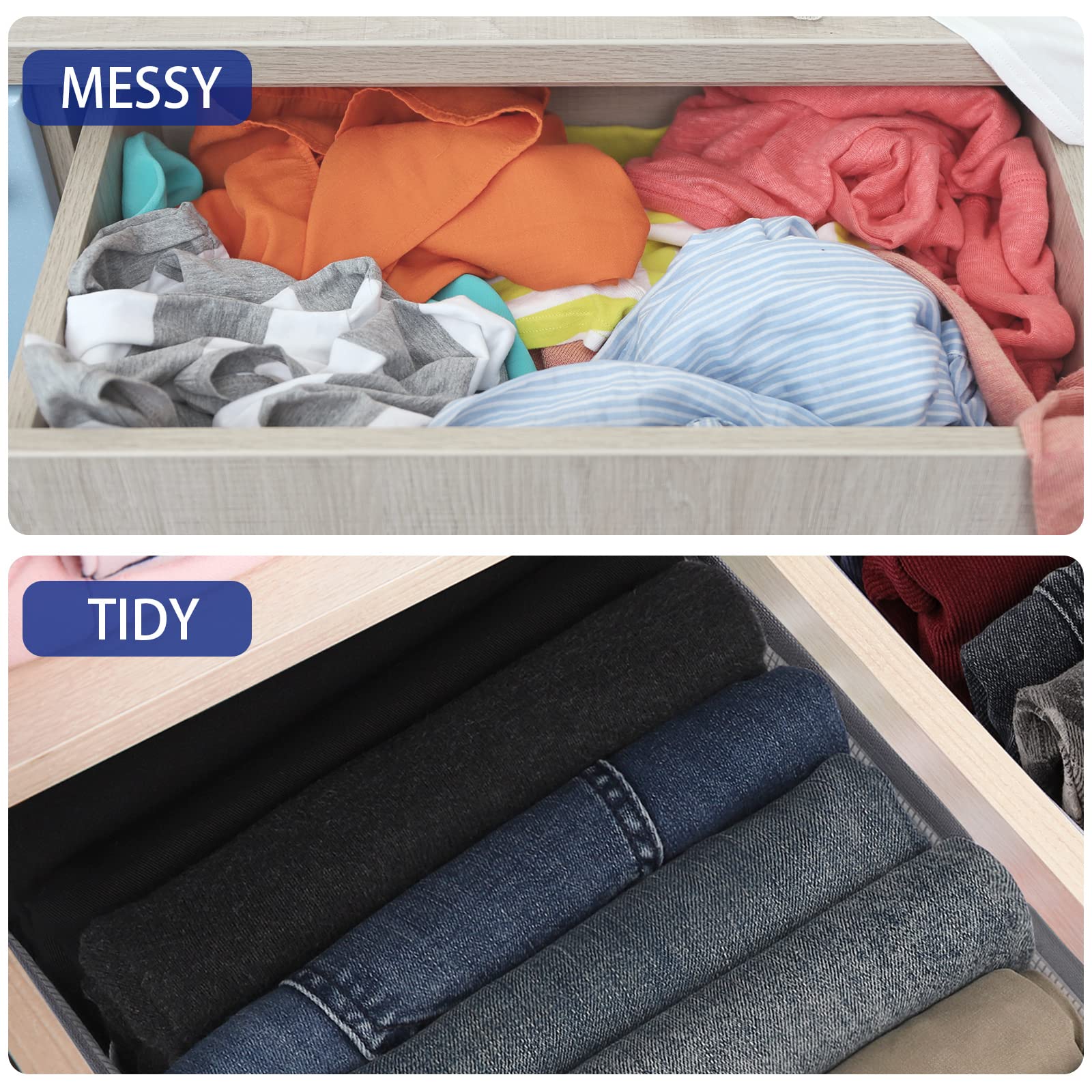sprecenk Organizer Cassetti Armadio, 6 Griglie Divisori Cassetti Organizer er Jeans Scatola, 2PCS Pieghevole Scatole Portaoggetti Per Pantaloni, Maglioni, Jeans, Magliette, Grigio