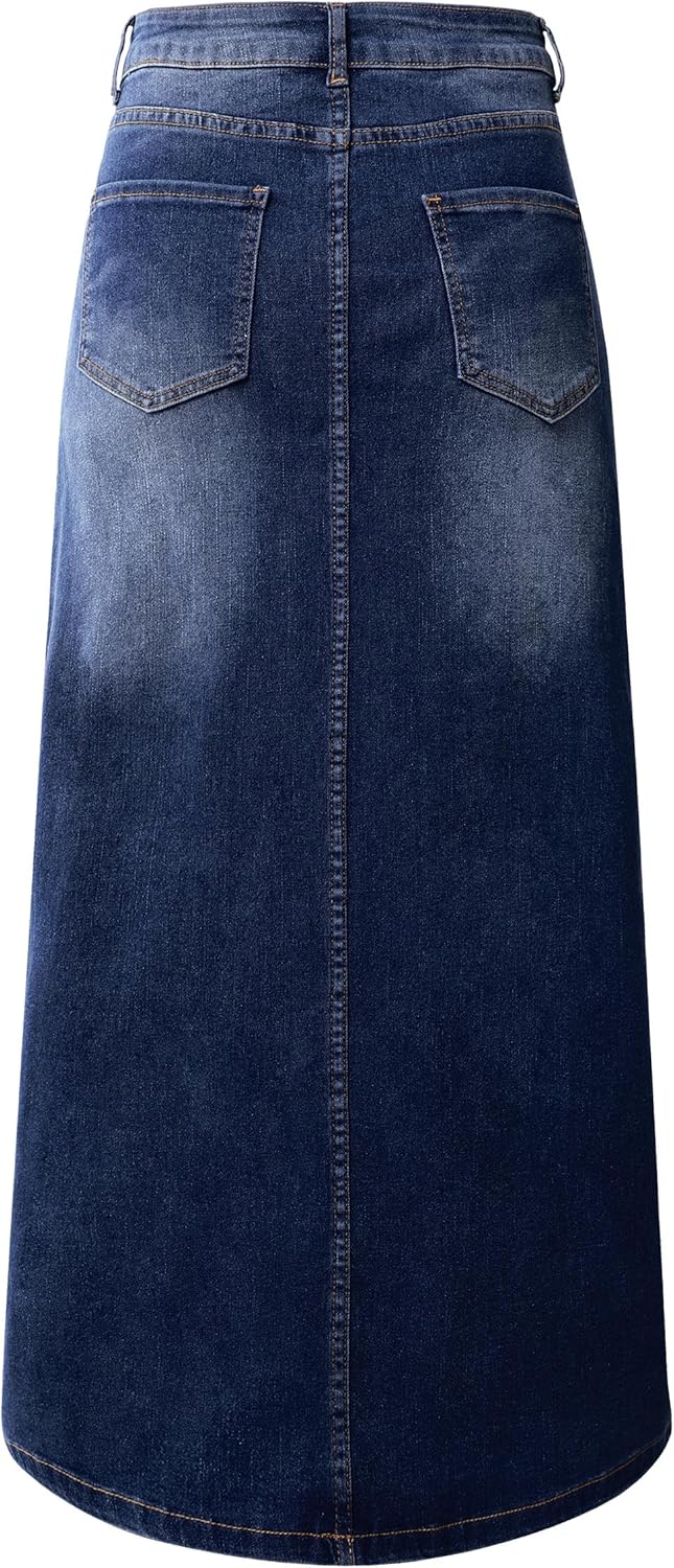 Womens Long Denim Skirt Casual A-Line Stretch Jean Skirt for Women High Waisted Vintage Denim Maxi Skirt with Pockets Blue - Image 3