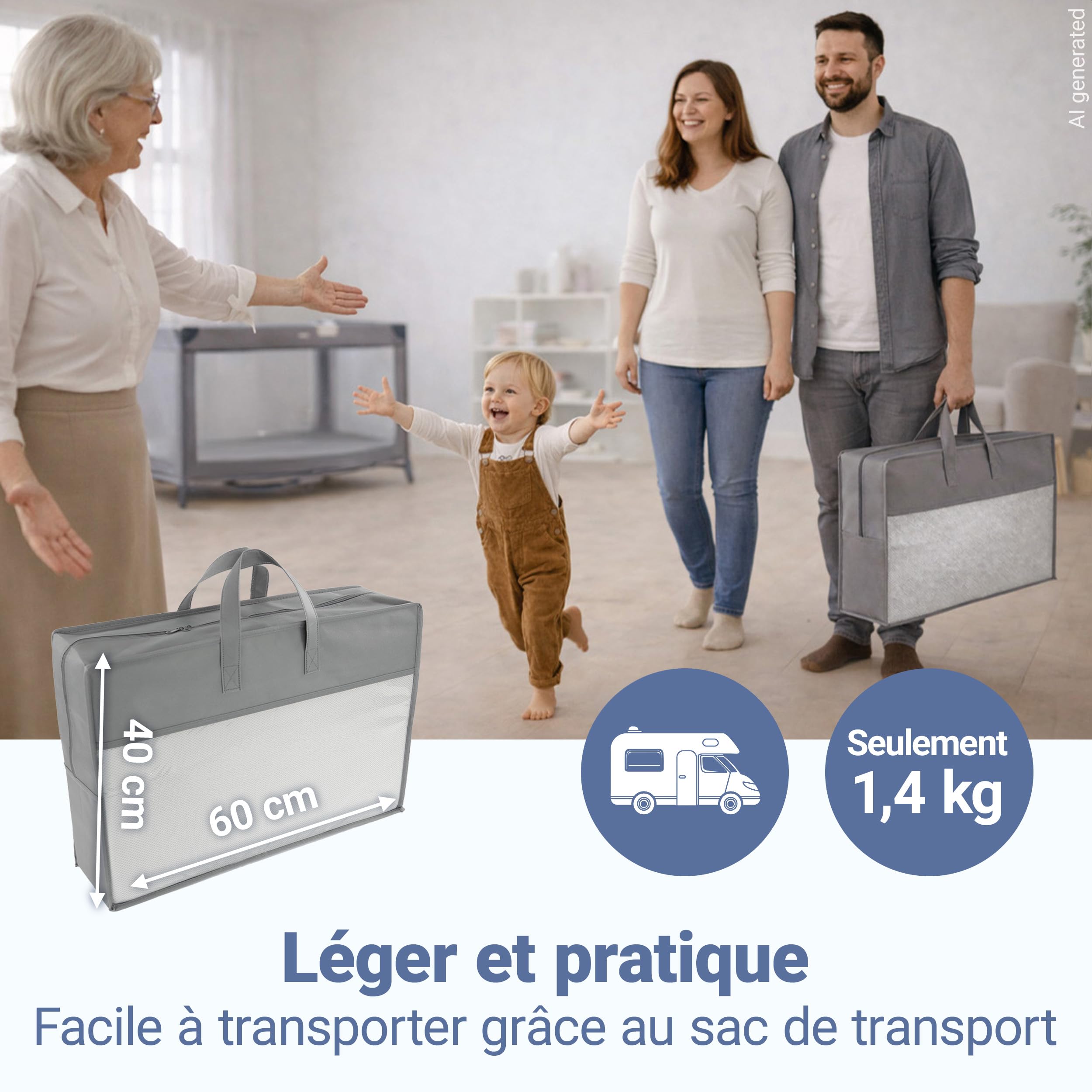 LaLoona Matelas Bebe 60x120 cm pour Lit Parapluie – Matelas Pliable de Voyage, Hauteur 5 cm, Respirant, Housse Lavable, Certifié Oeko-TEX, avec Sac de Transport – Gris