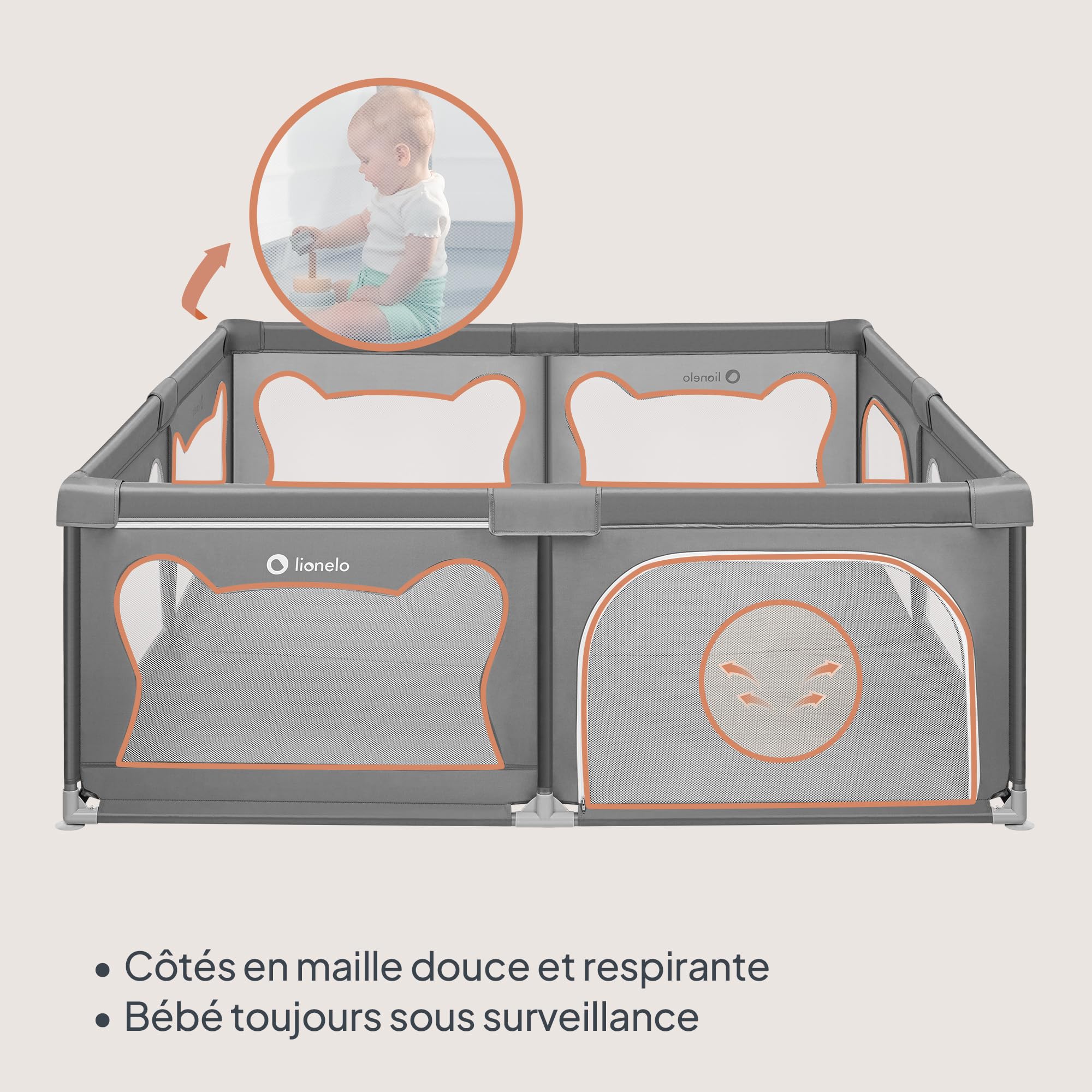 LIONELO WILLOW XL Parc Bébé Pliable, 0-48 mois, Grand Espace de 187 cm x 207 cm x 68 cm, Barrière Parc Bébé en Maille Respirante, 2 Entrées Latérales Zippées (Gris) (Grey)