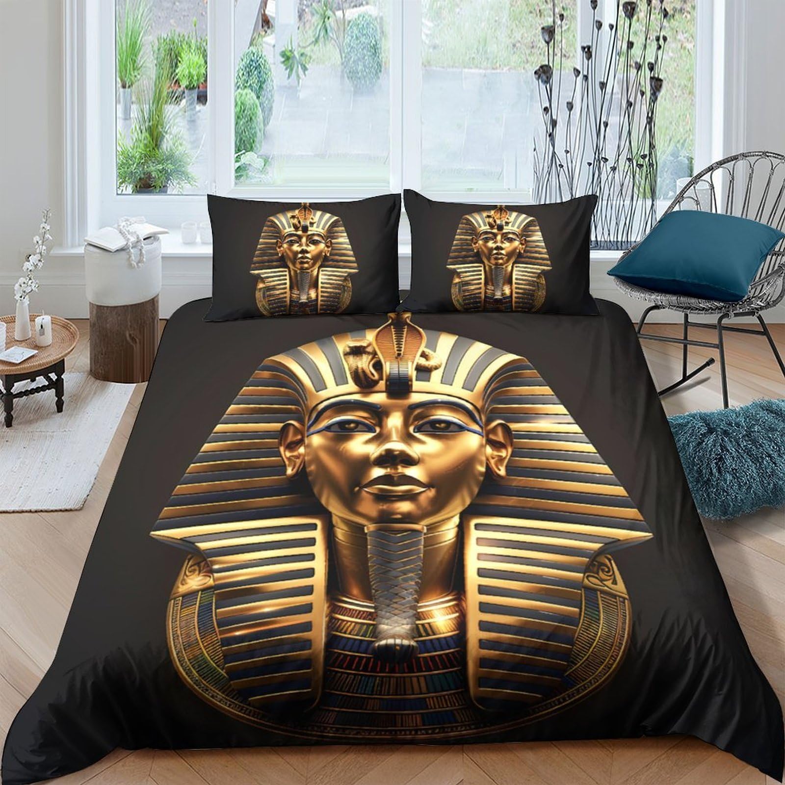 GPLZQXKJNH 3D Printed Egyptian Pharaoh Duvet Cover Microfiber Soft Breathable Golden Tutankhamun Quilt Cover Set with 2 Pillowcases for Bedroom Decor Single（135x200cm）