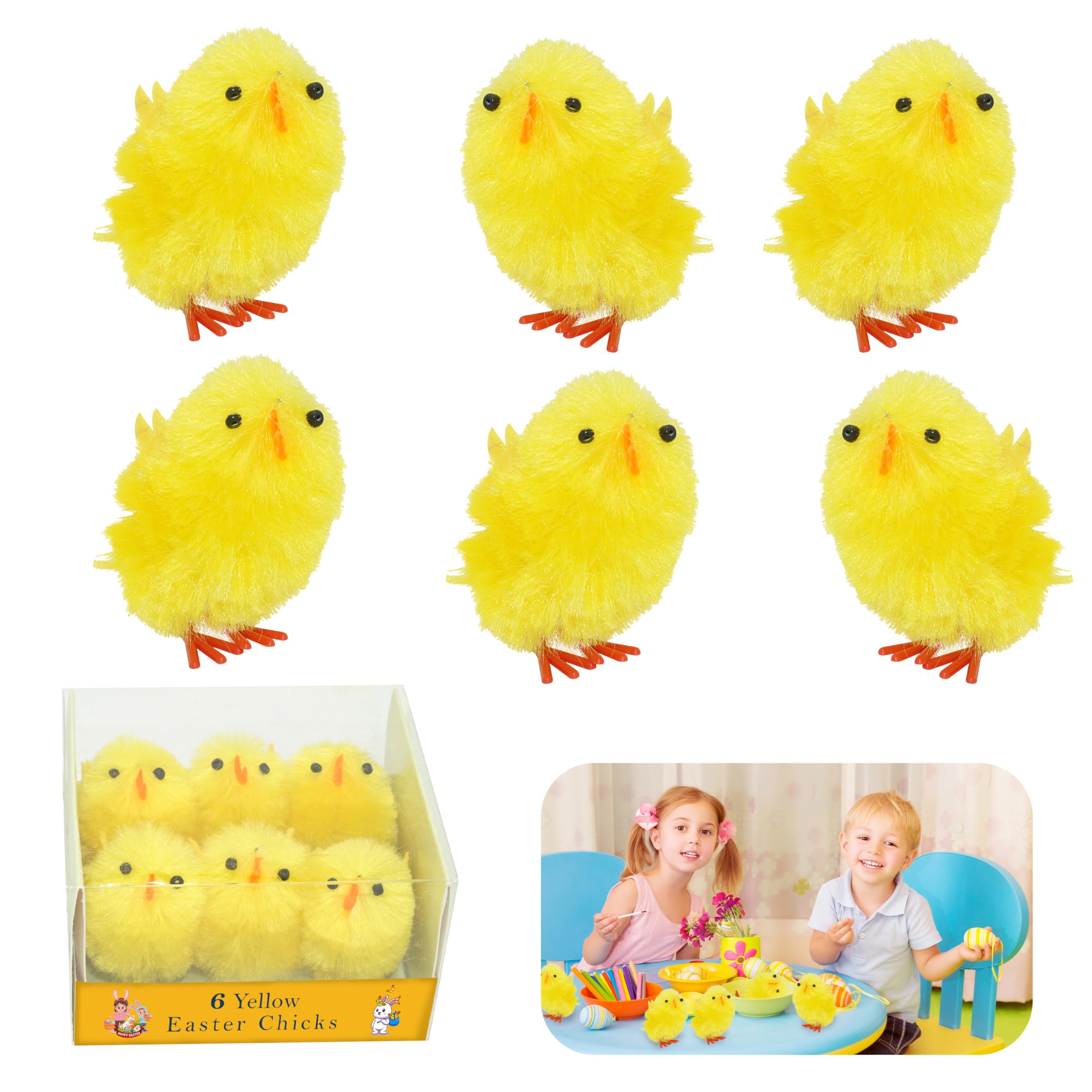 Hovuk 6X Yellow Chicks 6Pcs Easter Fluffy Chicks, Diy Arts And Crafts, Adorable Face Chick Ornaments, Bonnet And Hunt Decor For Easter, Party Favours Supplies 3.5Cm