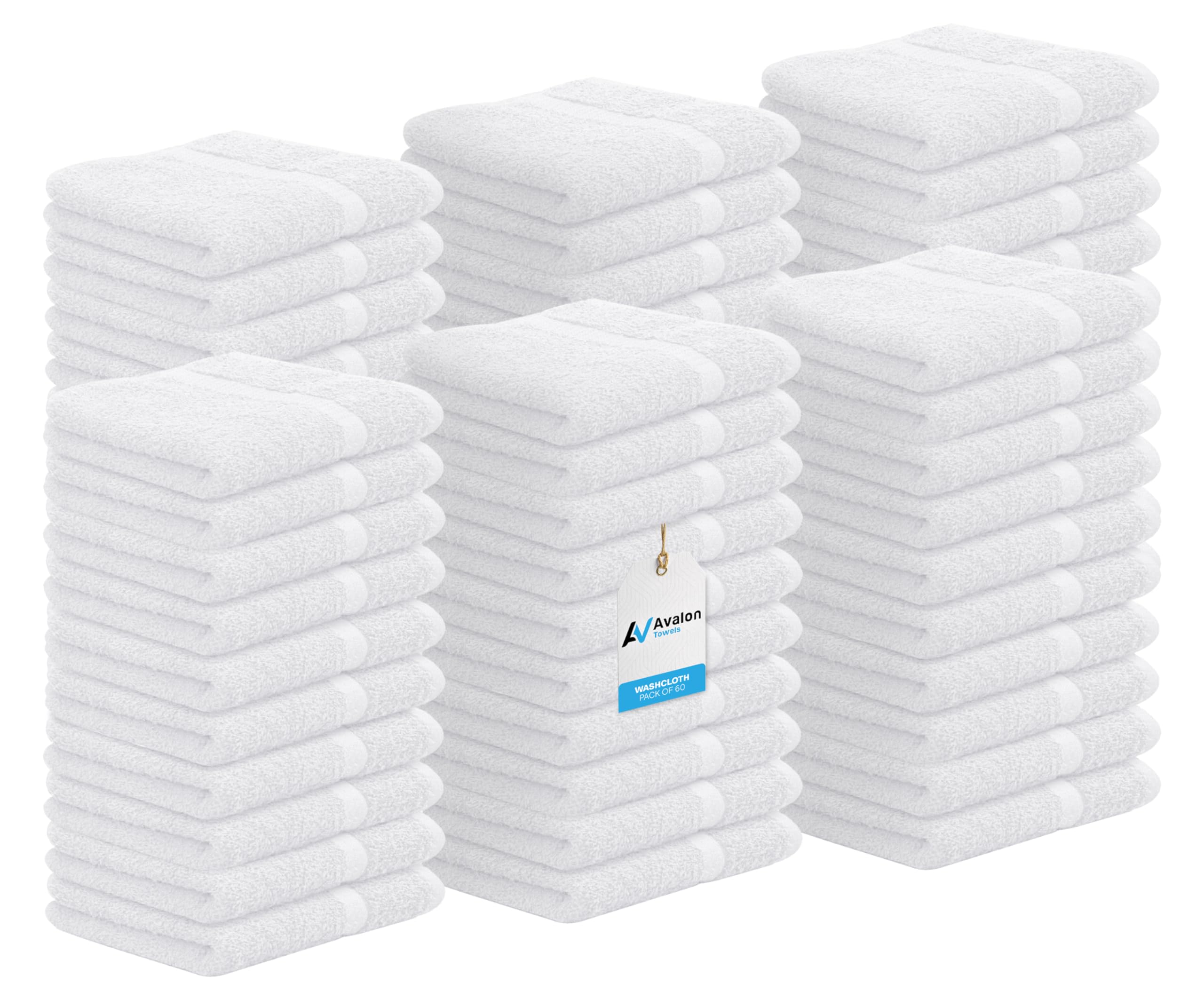 Avalon Towels Cotton Washcloths – (Pack of 60) Size 12x12 Inches, 100% Ring Spun Cotton, Soft & Absorbent Face Towels, Gym Towels, Hotel and Spa Quality, Reusable Fingertip Towels (White)
