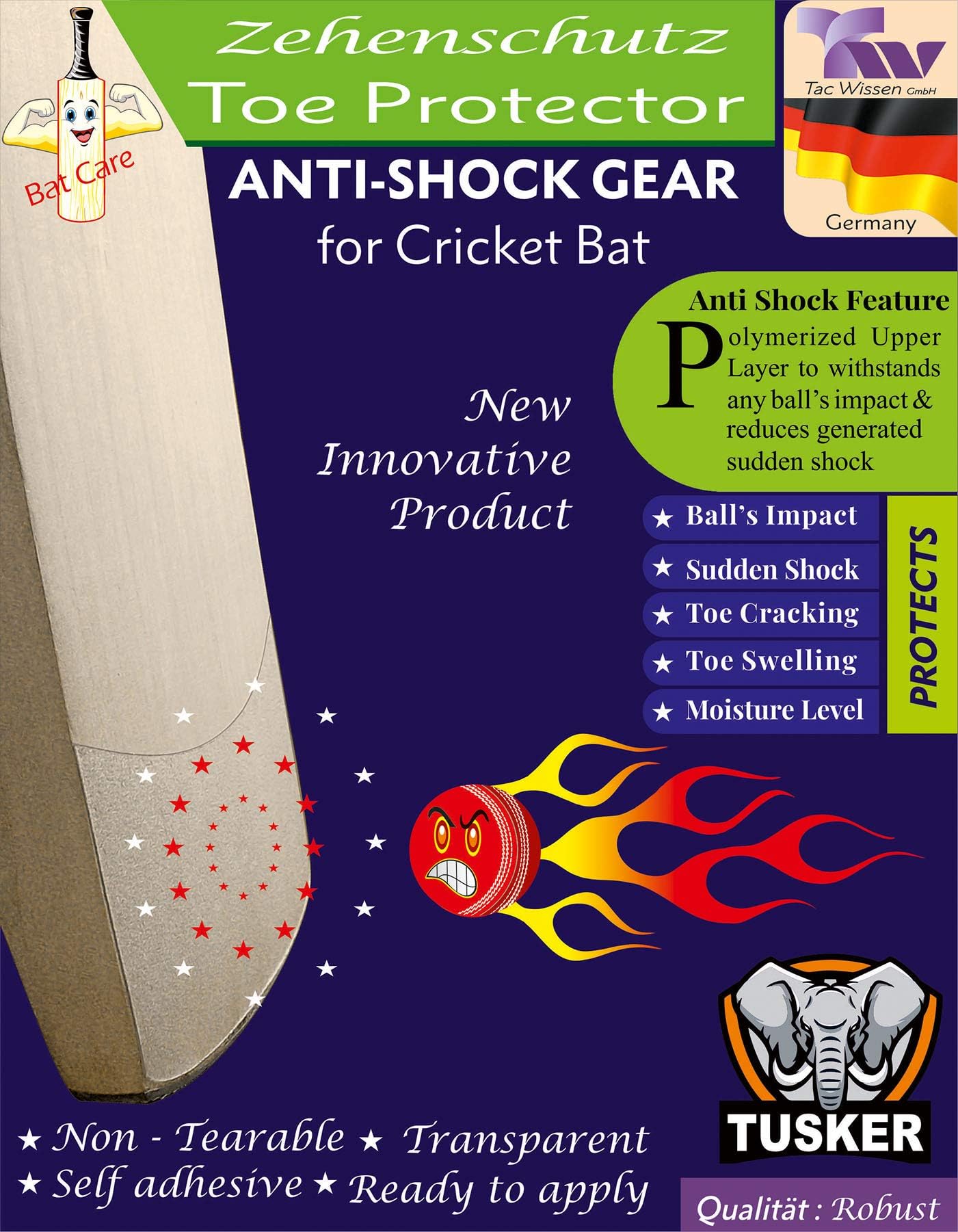 Tusker Cricket Bat Toe Protector, Self Adhesive Sheet, Transparent