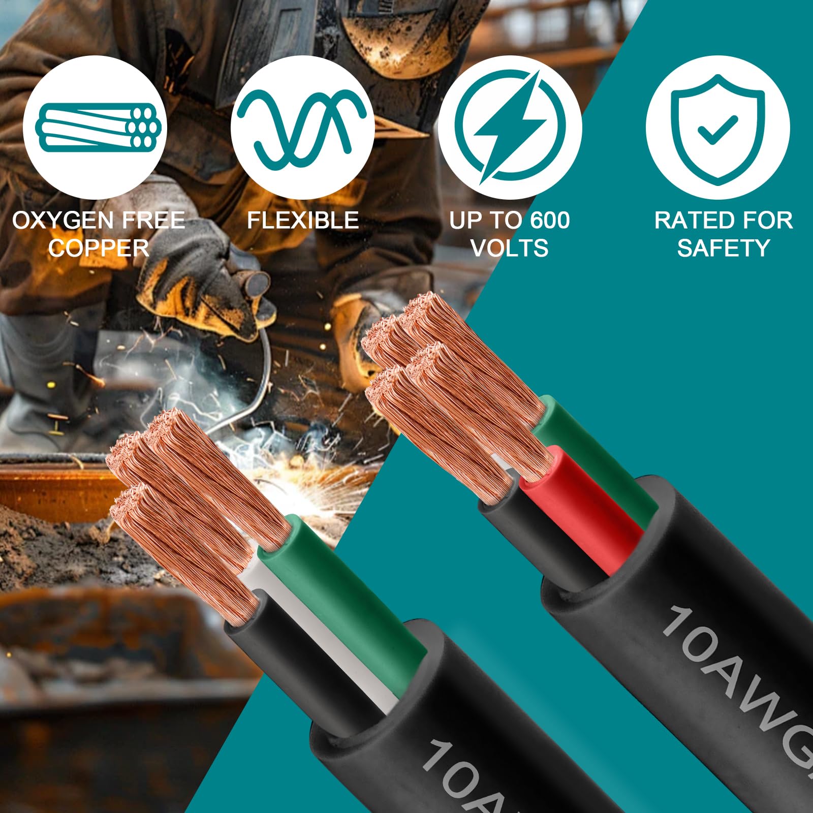 SOOW 10/4 75 ft 10 AWG 600 V kabel masowy SOOW 10 G, przenośny kabel zasilający, 4-żyłowy przedłużacz do generatora lutownicy przenośnego oświetlenia