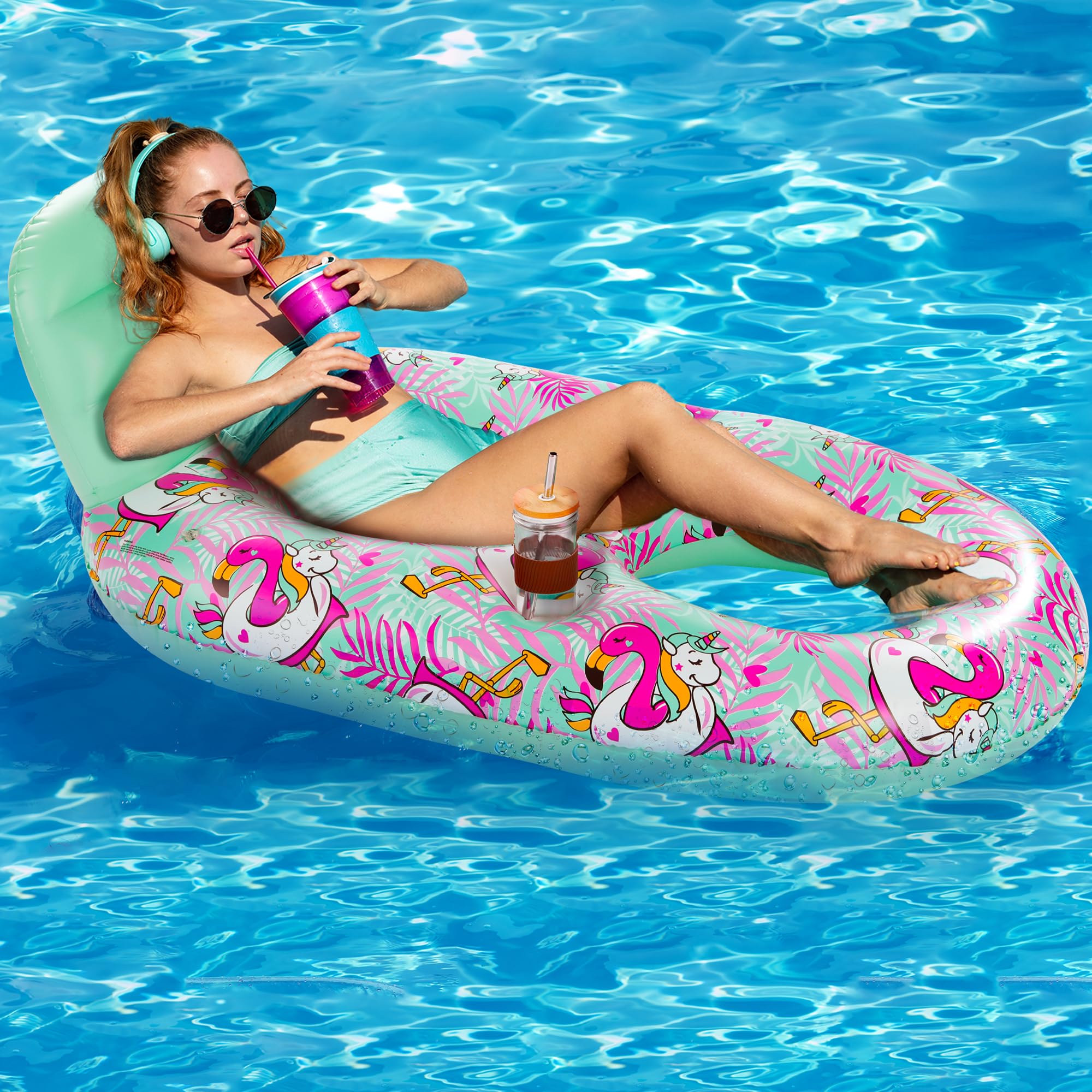 Pool Floats Adult Size with Headrest & Cup Holder(60 * 35 inch), 2024 New Large Thickening Solo Inflatable Rafts Pool Lounger for Adult Heavy Duty Swimming Pool, Beach, Lake Sunbathing(with Pump)