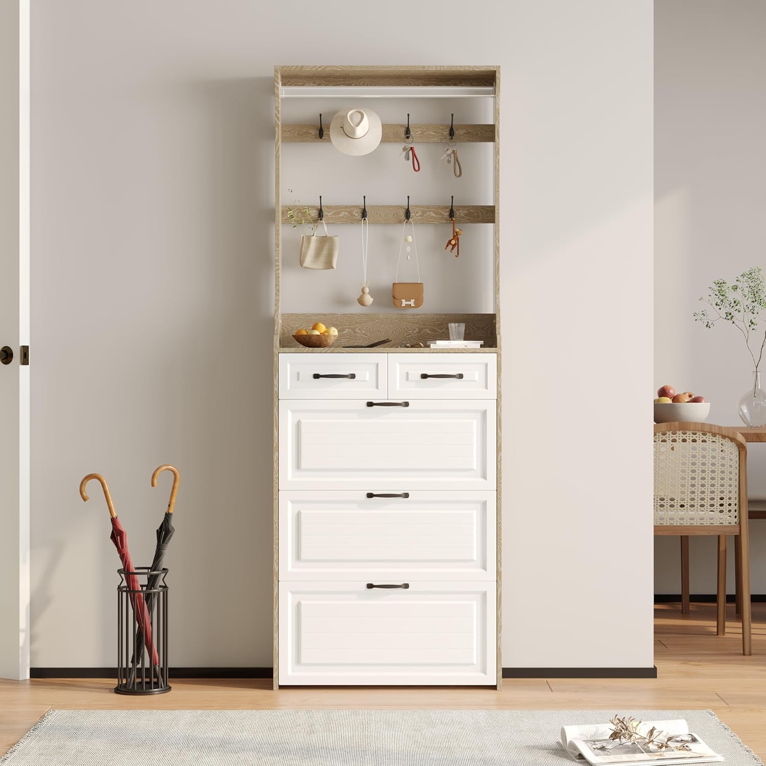 White High&Slim Shoe Cabinet with 3 Doors 2 Drawers with Hangers - Spacious & Multifunctional Storage Solution for Your Home! (Light Beige&White)