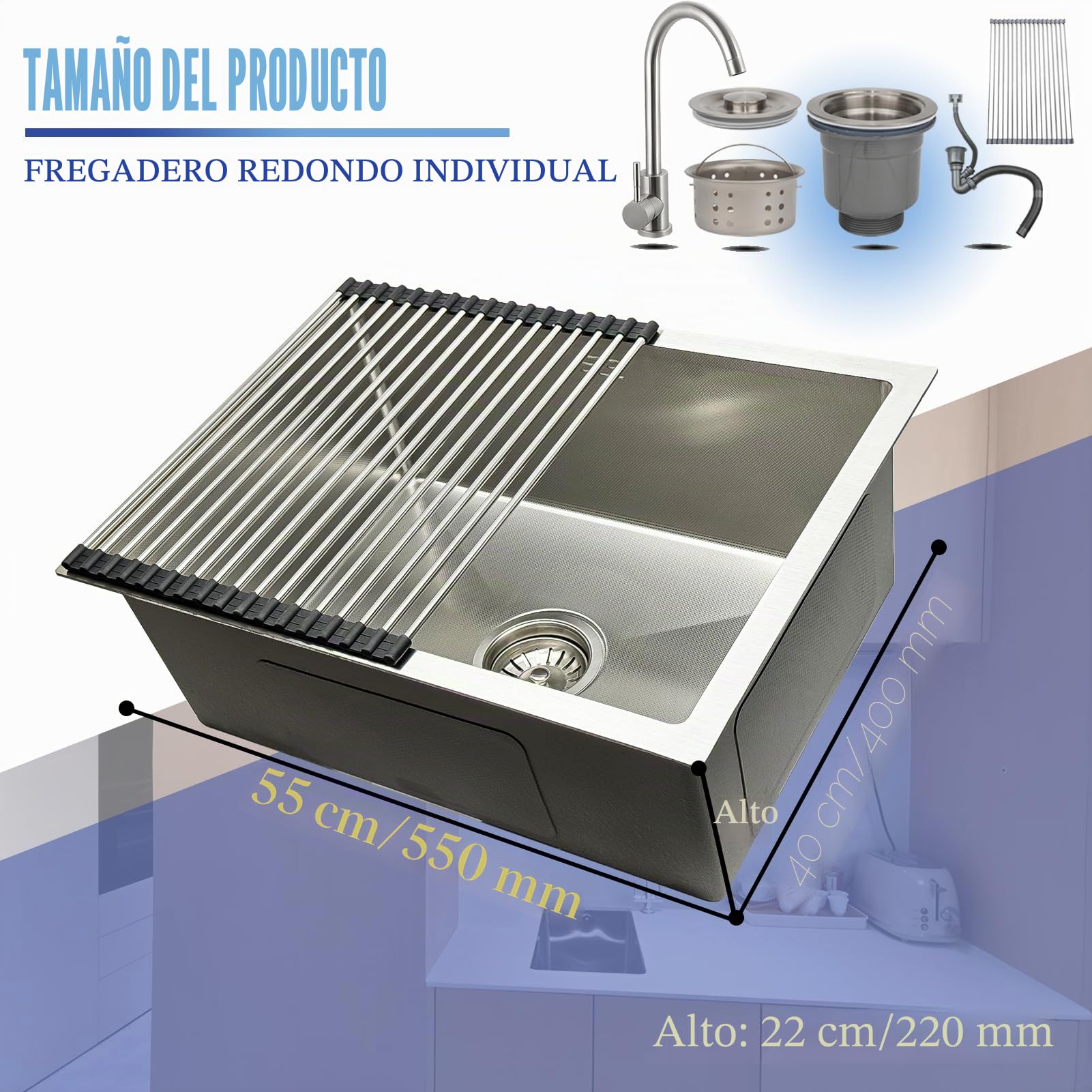 Fregadero Cocina 1 Seno 55 x 40 cm, Acero Inoxidable Cepillado, con Grifo Giratorio 360°, Fregadero Bajo Encimera o Sobre Encimera, con Sifón, Rebosadero y Desagüe, Escurridor de Enrollable