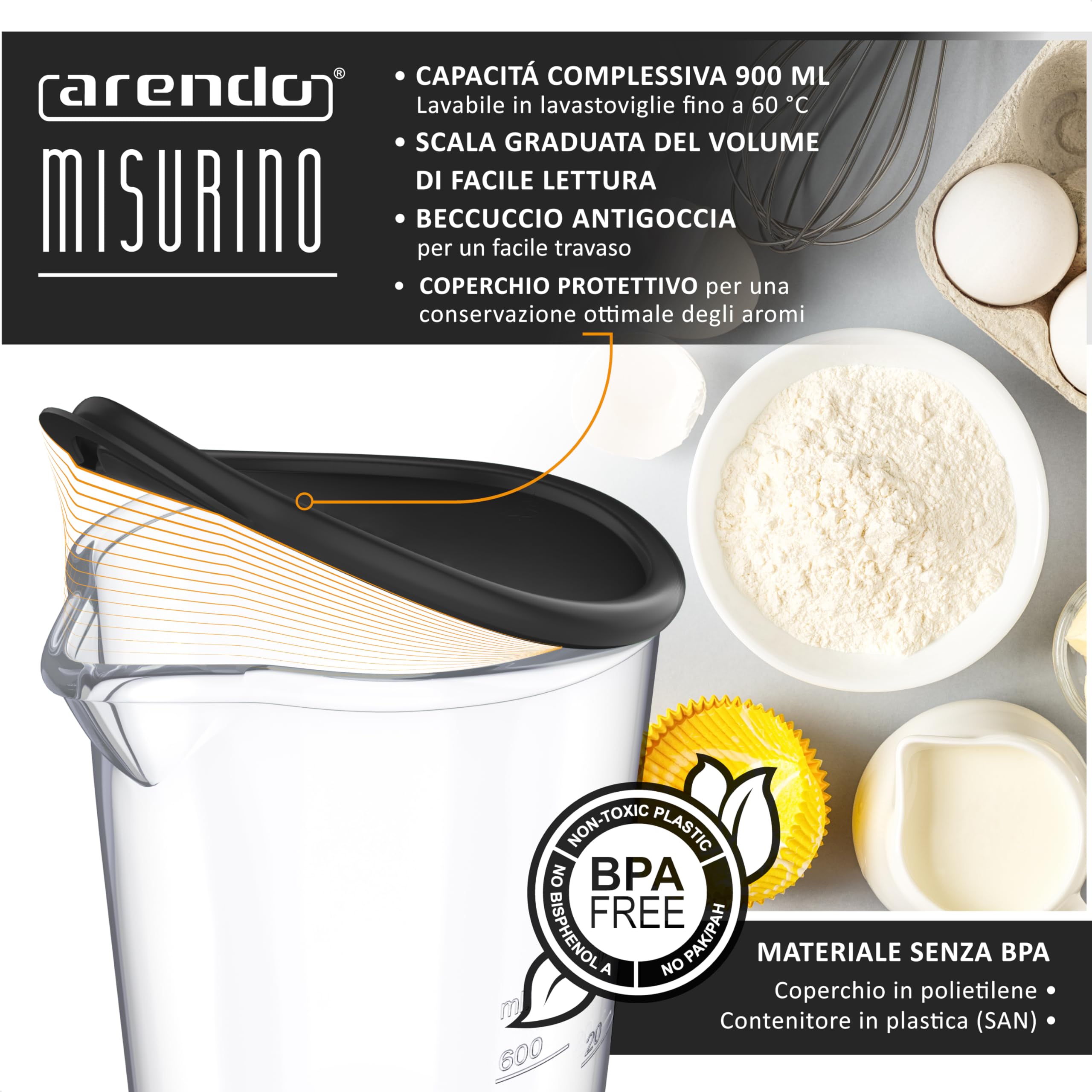 Arendo – Bicchiere per mixer ad immersione da 600 ml – Ideale per frullatore a mano - Misuratore con tappo – Bicchiere per frullati in Copolimero SAN termoresistente