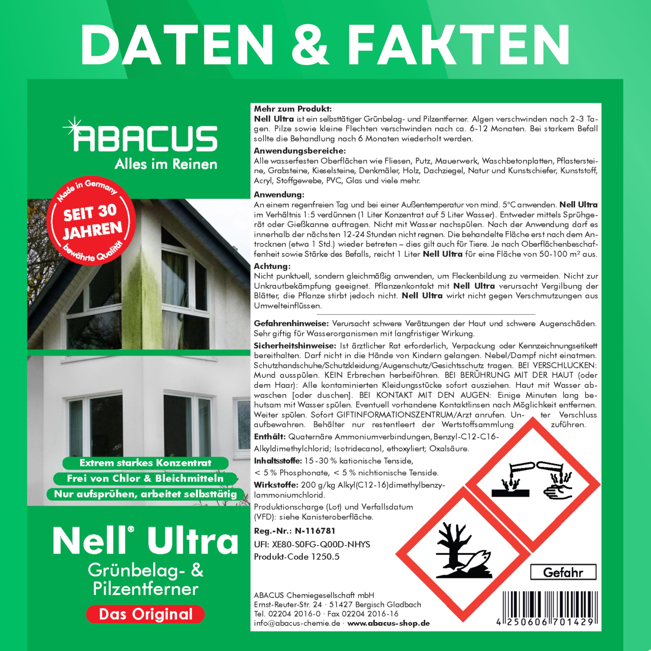 ABACUS® Nell Ultra Grünbelagentferner & Algenentferner Konzentrat, extrem stark! Entfernt Grünbelag & Algen selbsttätig ohne zu Schrubben – für Stein, Fassade, Terrasse, Dach – Nell Ultra 5 Liter