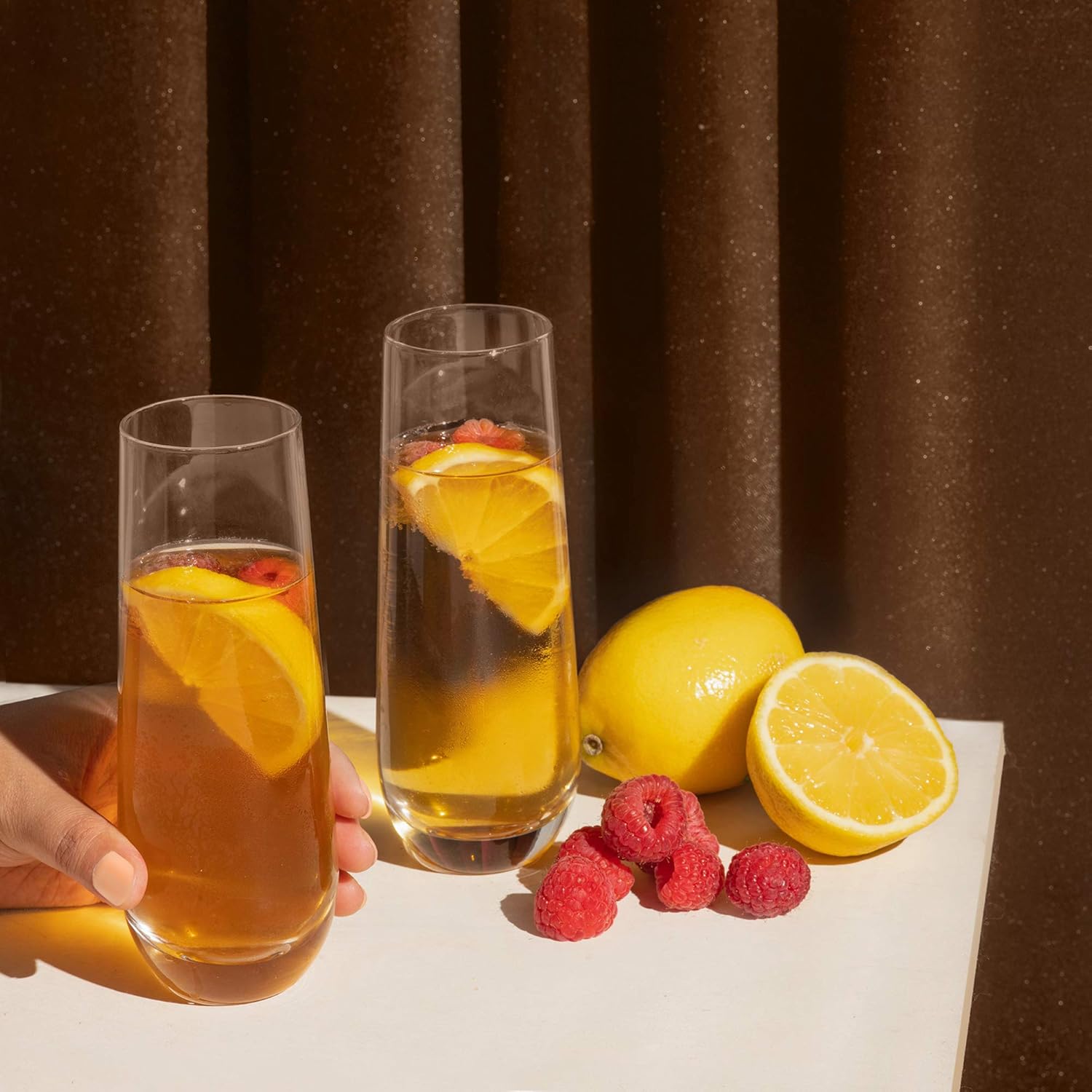 Super Brands Peony and Papers Stemless Champagne Glass Flutes with Gift Box, 9oz Set of 4 Mimosa Glasses for Wine,Cocktail,Rosé,Water|Highball Glass for Bar Glassware| Birthday,Housewarming,Home Café,Business Gift
