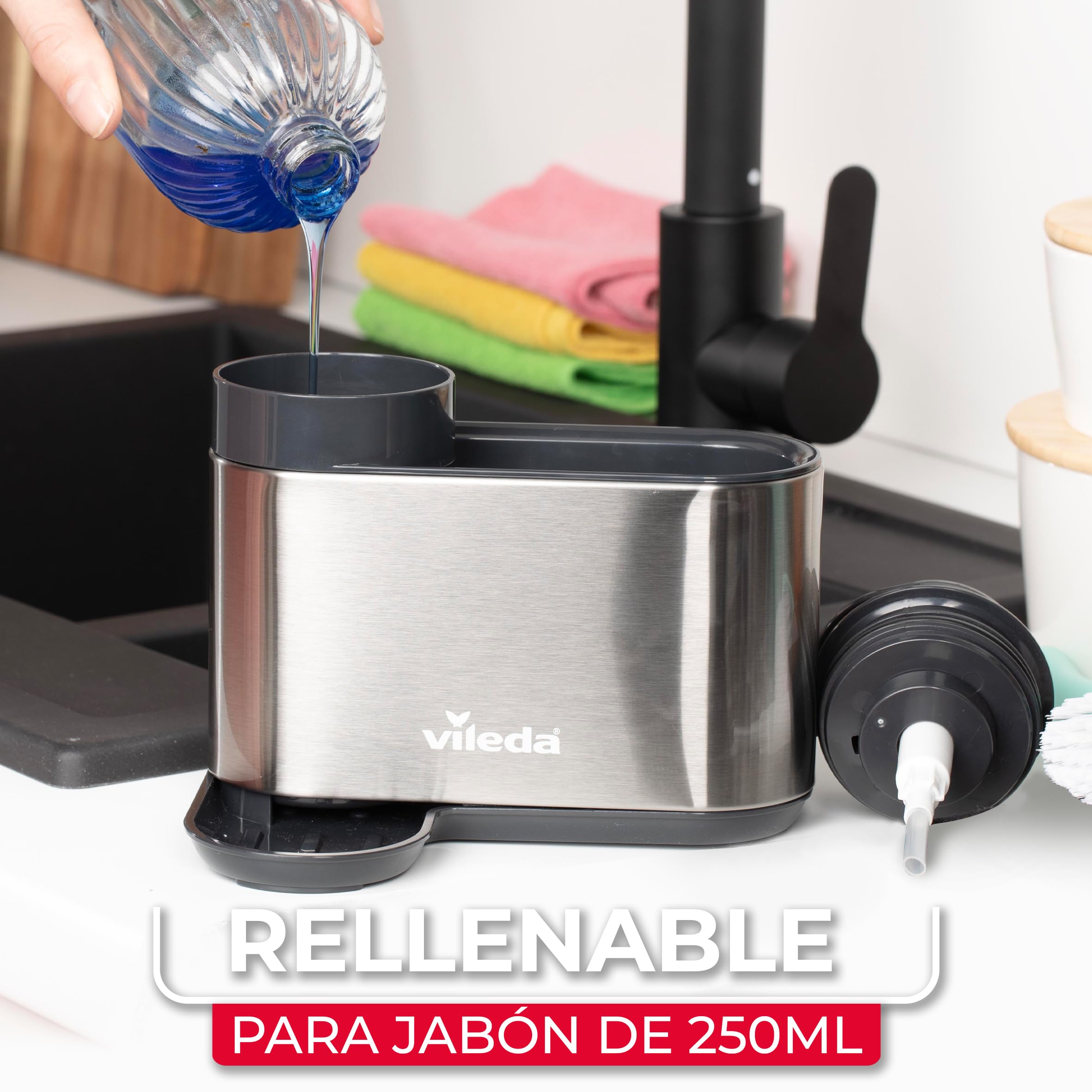 Vileda Organizador para Fregadero con dispensador de detergente de Acero Inoxidable, Soporte para Esponja de pie Independiente, Organizador de lavavajillas con dispensador de jabón para esponjas y