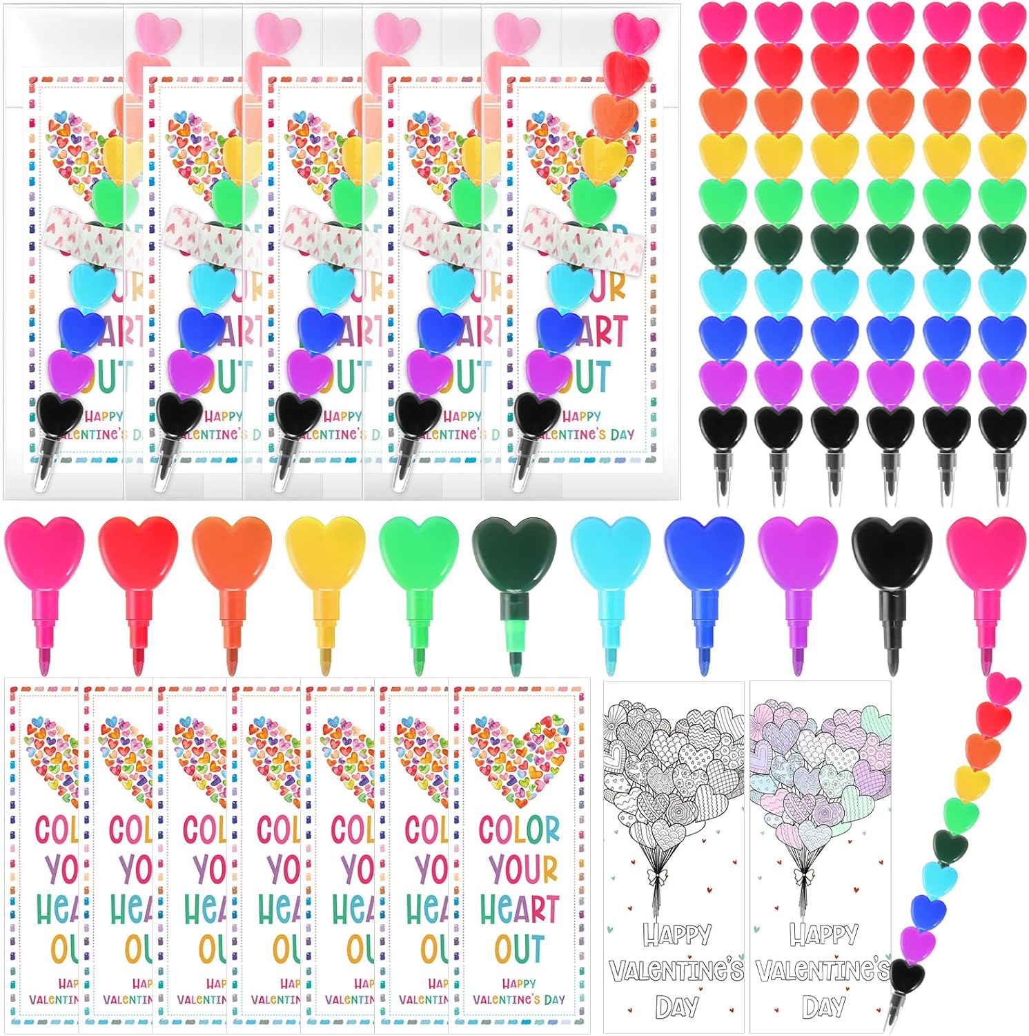 60 Sets Valentine's Day Gift for Stacking Crayons Stackable Buildable Colorful Crayon with Card Sticker School Classroom Rewards Party Supplies Gift for Student from Teachers
