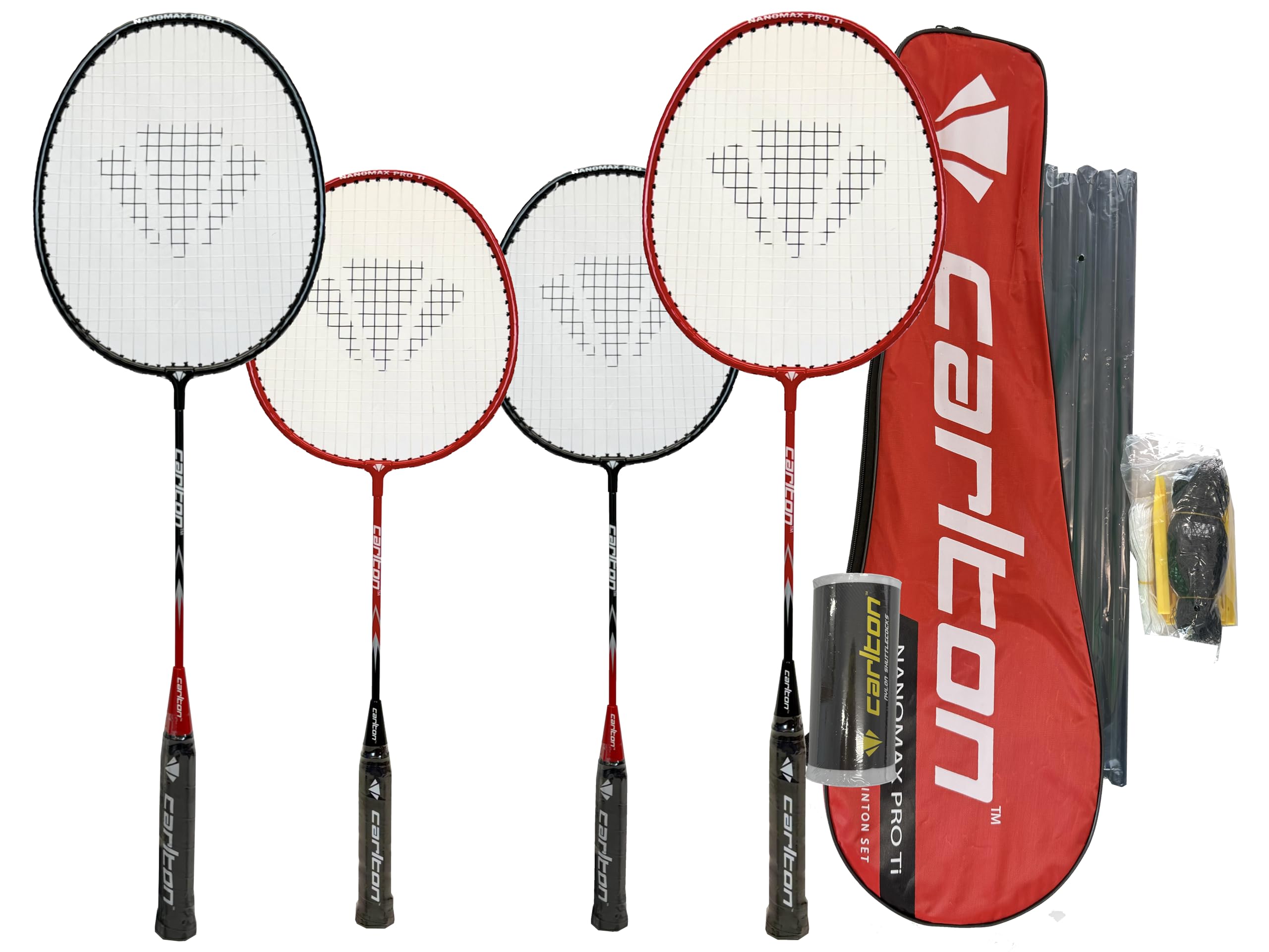 Carlton Nanomax Pro Ti Badminton Set, Family 4 Player Set with 2 Adult Rackets, 2 Junior Rackets, Carry Cover, Shuttles, Net & Posts for instant play.
