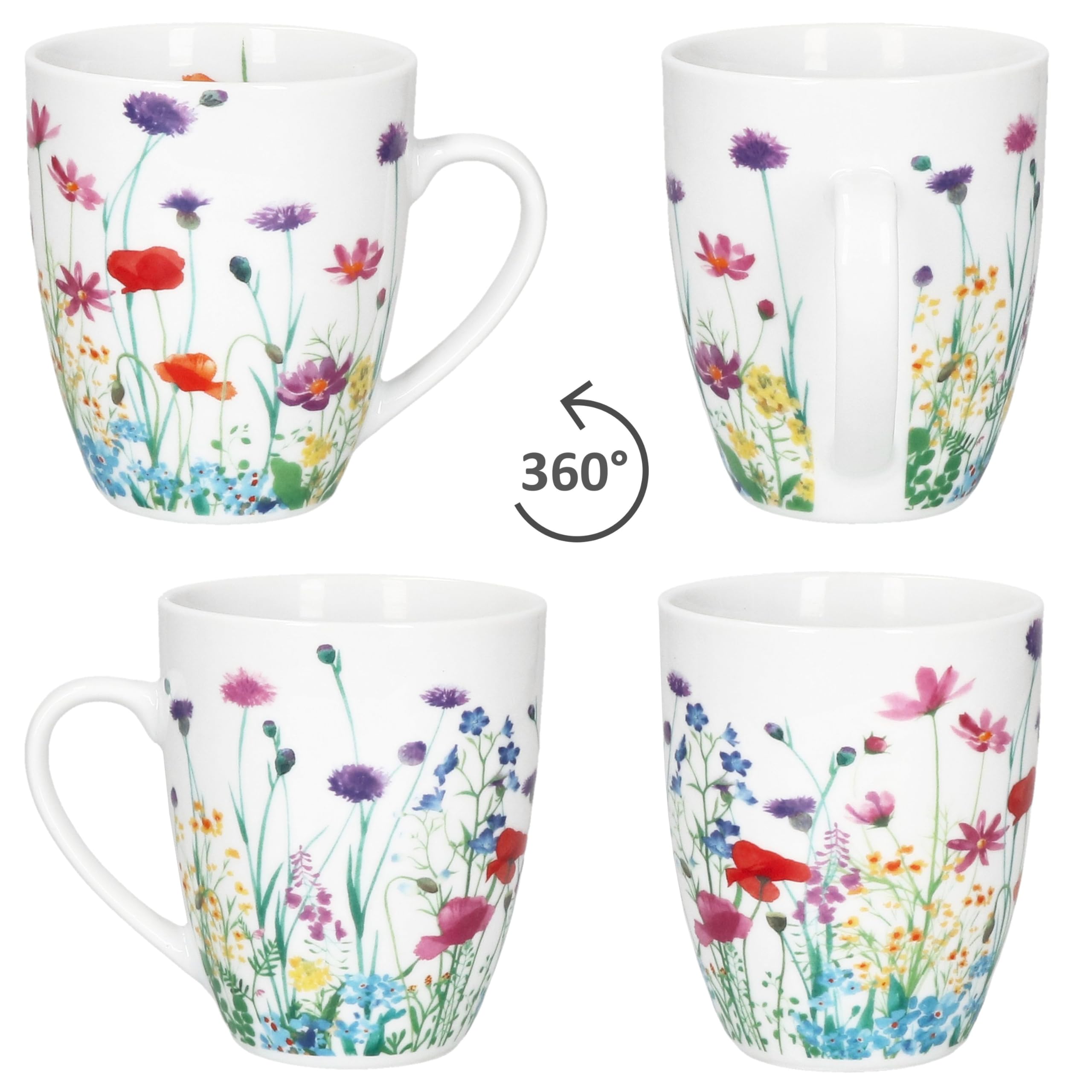 MamboCat Marie Lot de 6 tasses à café, 320 ml, en porcelaine, avec anse et prairie fleurie pour 6 personnes, pour boissons chaudes comme le thé, le cacao, etc