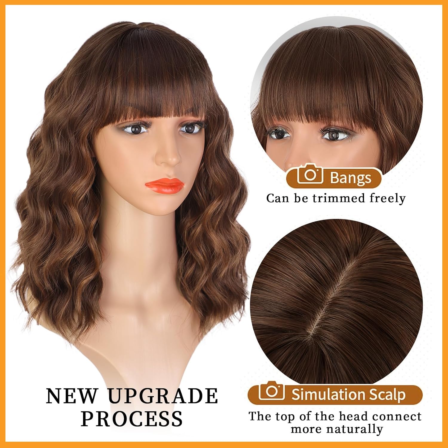 Lativ Brown Wigs with Bangs Bob Curly Wavy Highlight Hair with Dark Roots Short Wig for Women Natural Synthetic Fiber Shoulder Length for Cosplay Daily Use - Image 3