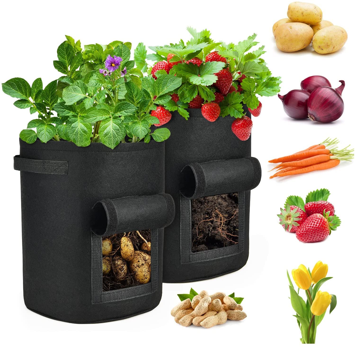 Bolsas de Cultivo de Papas, Paquete de 2 Bolsas de Cultivo de Tomates de 7 galones Macetas Bolsas de Plantas Bolsas de bandejas de Cultivo de Plantas con Ventana de Bucle y manijas de Correa