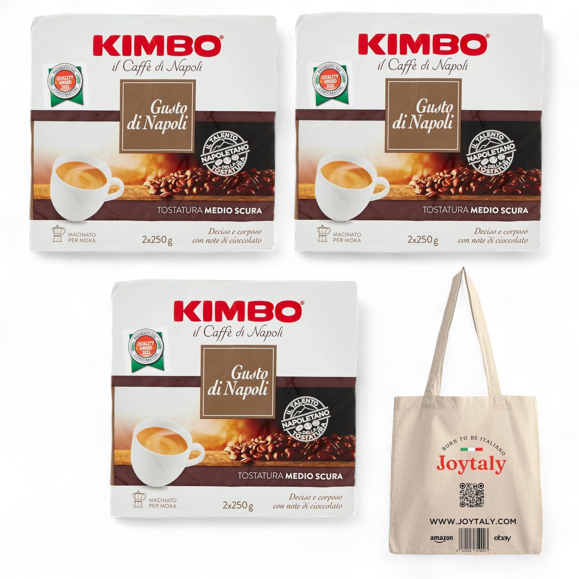 Kimbo Gusto di Napoli 6 x 250g (1,5 kg) Caffè macinato tostato scuro importazione italiana + BORSA JOYTALY