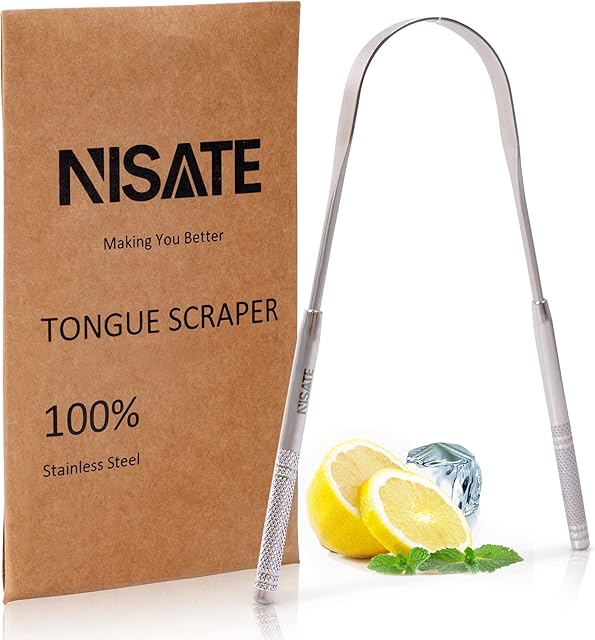 NISATE Tongue Scraper 100% Stainless Steel for Oral Health and Hygiene - Metal Tongue Cleaner Prevents Bad Breath, U-Shaped Standard Designed Scrapers with Blunt Edges for Easy Use