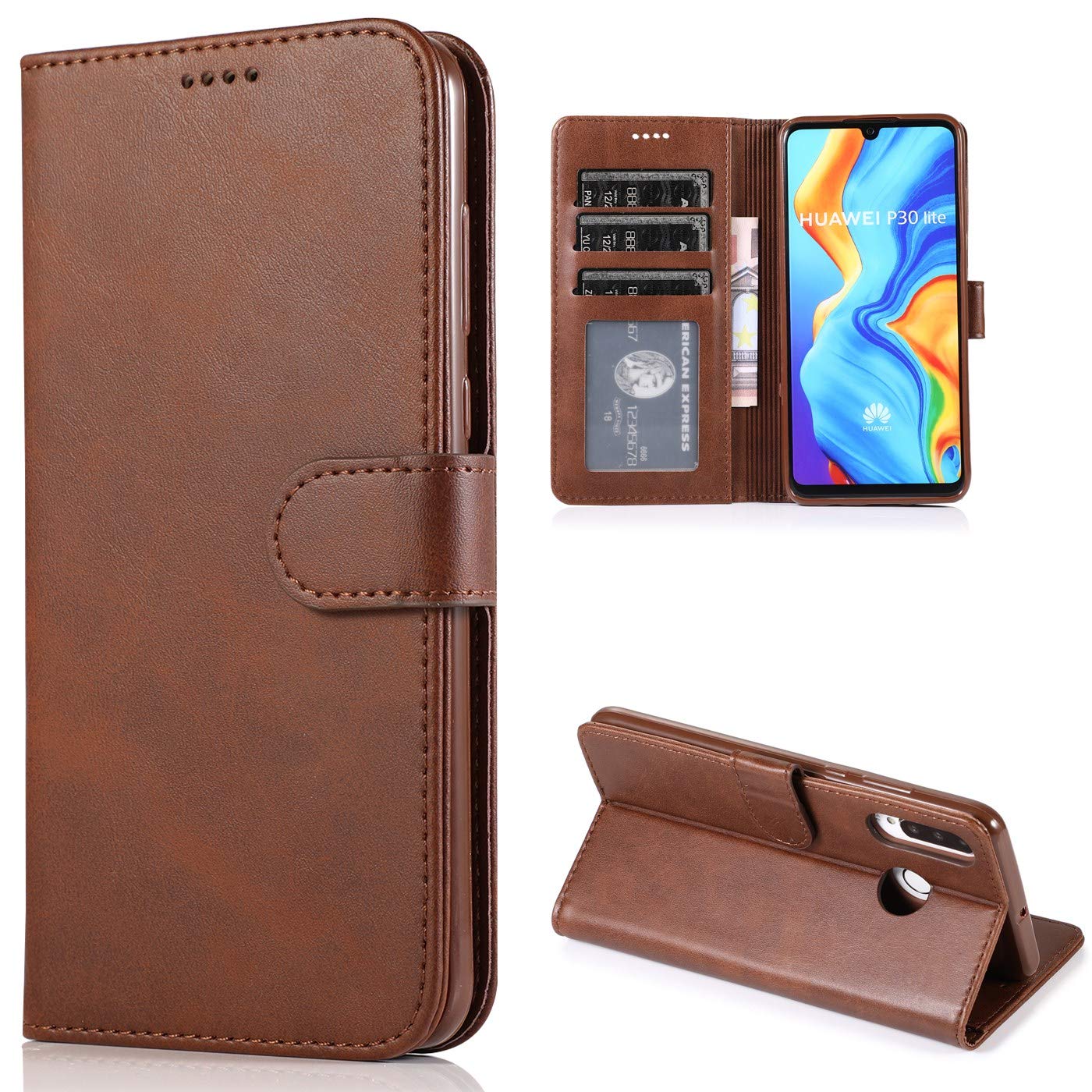 Lelogo Custodia A Portafoglio In Pelle Per Huawei P30 Lite, Con Chiusura Magnetica E Supporto, Nero