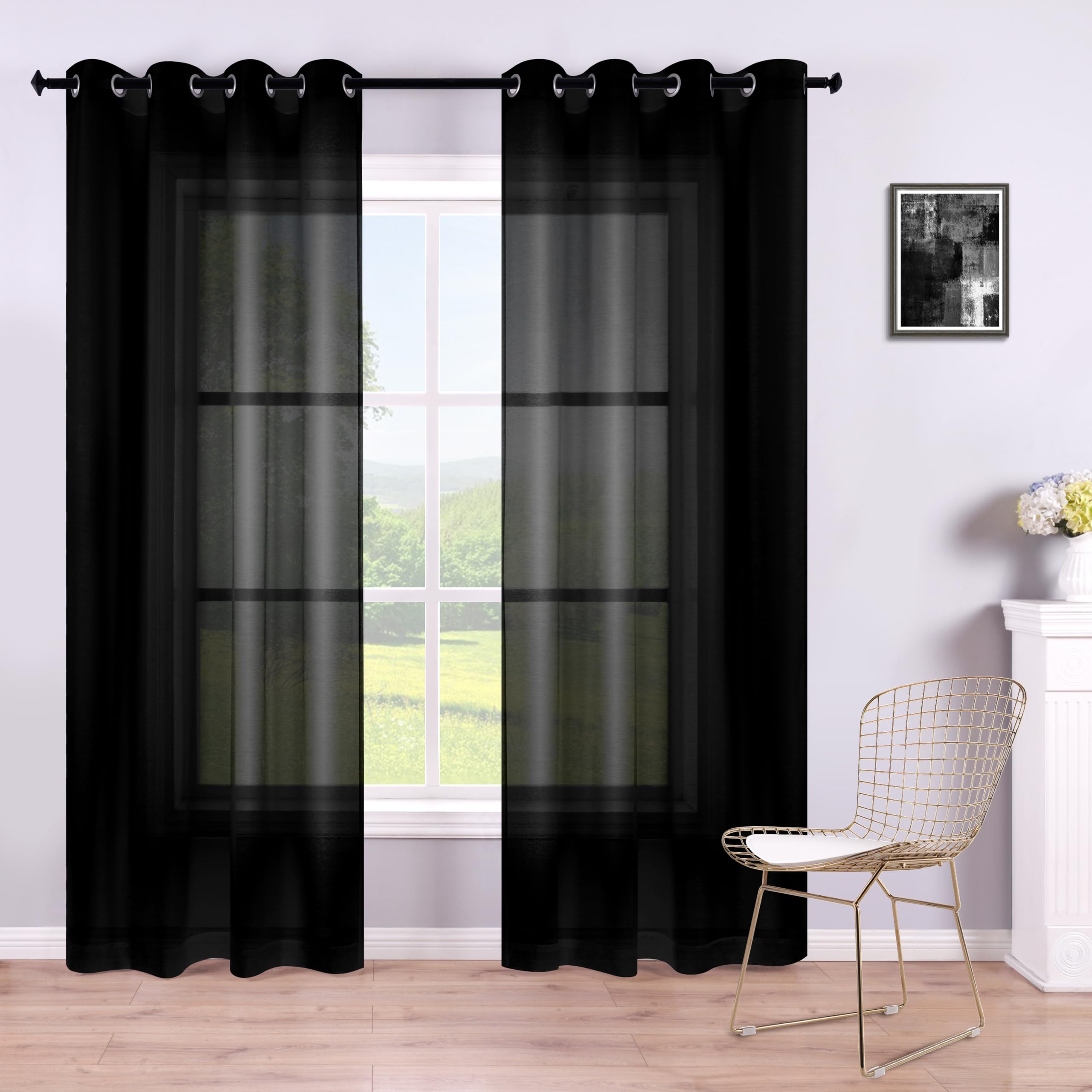 KOUFALL Black Grommet Faux Linen Sheer Curtains 52x90 Inch Length