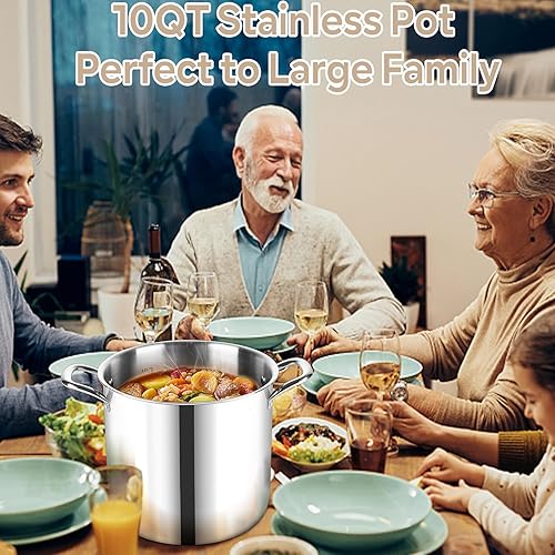 Miniatura 7 de LIANYU Olla de 10 cuartos de galón con tapa, olla de sopa de acero inoxidable 1810 de 10 cuartos de galón, olla de pasta grande de tres capas, olla