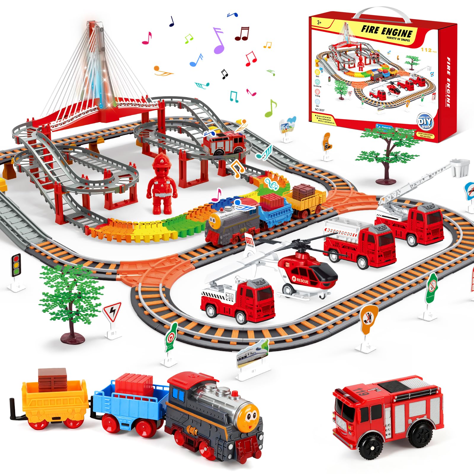 JONRRYIN Trenino Elettrico per Bambini, 161Pezzi Giocattolo Pista Macchinine, Pista Treno e Auto Elettrico a Tema Pompieri con 4 Camion dei Pompieri, Giocattolo di Costruzione per Bambini 4 5 6 Anni