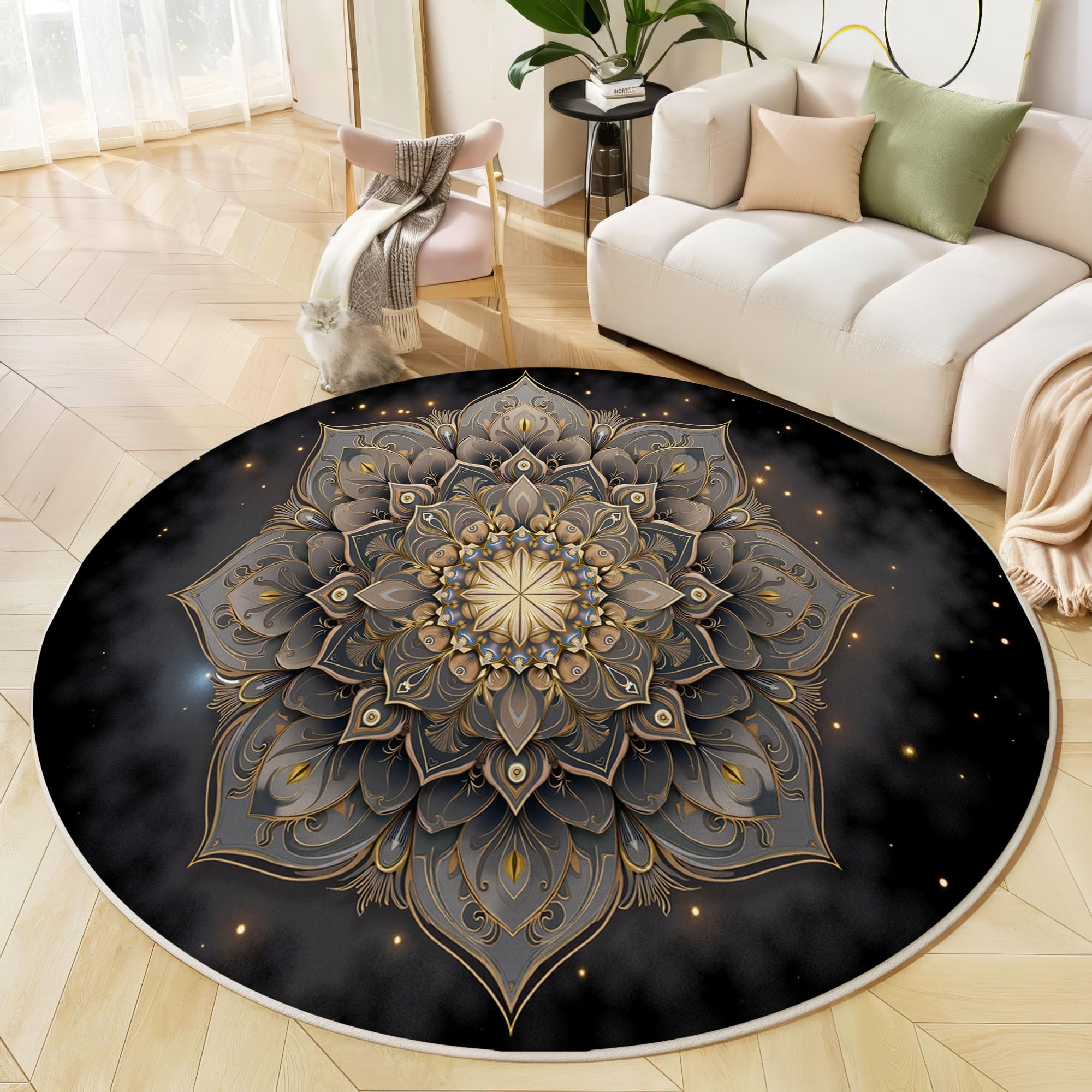 Tapis Rond Univers Mandala pour Salon, 100cm Circulaire Tapis Style Artistique Spirituel Douce Lavable Et Antidérapante pour Chambre Intérieure, Or