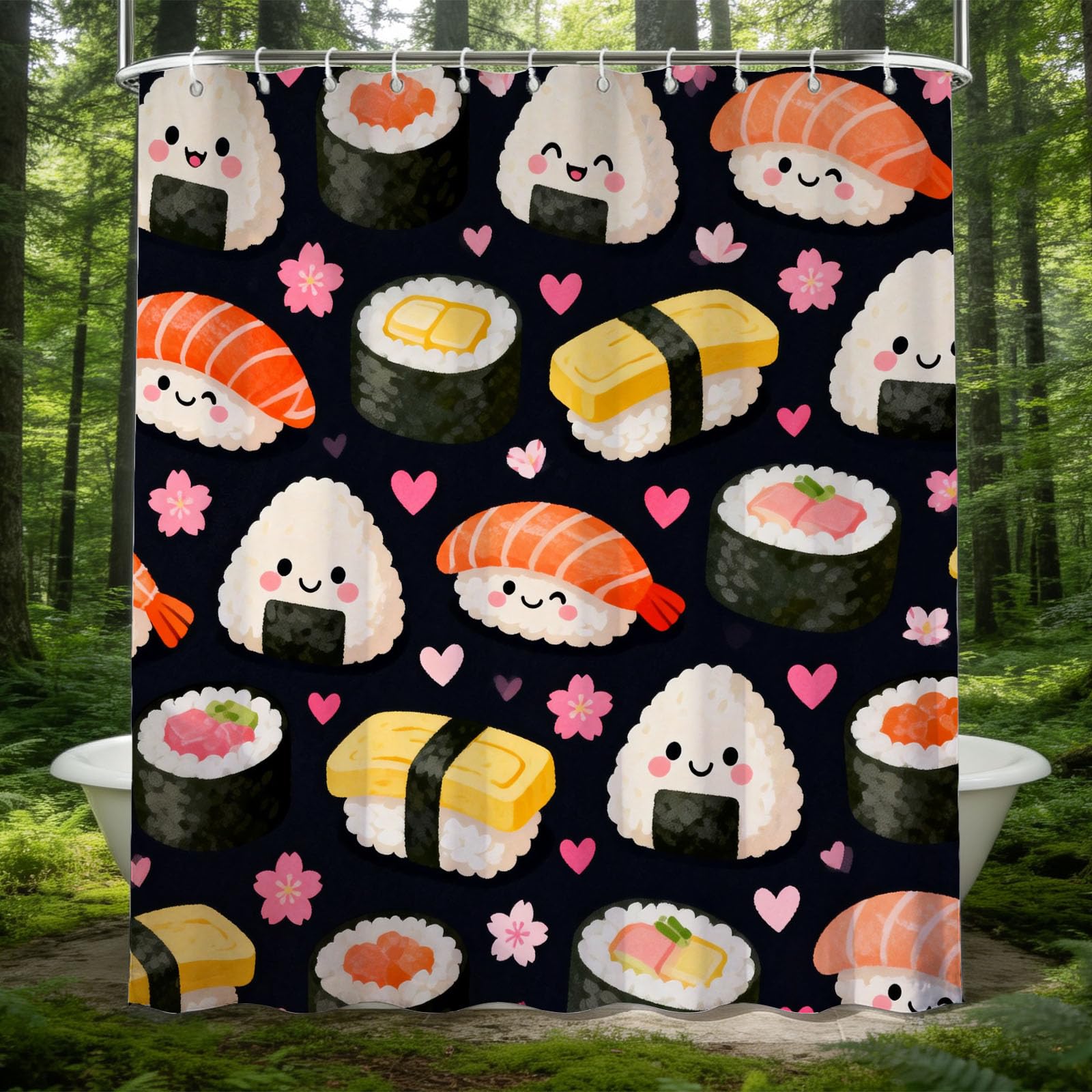 Hongduo 3D Cartoon Sushi Shower Curtain for Stalls Bathtubs Japanese Traditional Bathroom Decor Shower Curtain Set Polyester Fabric Waterproof 180x200cm/71X79 Inch with Hooks