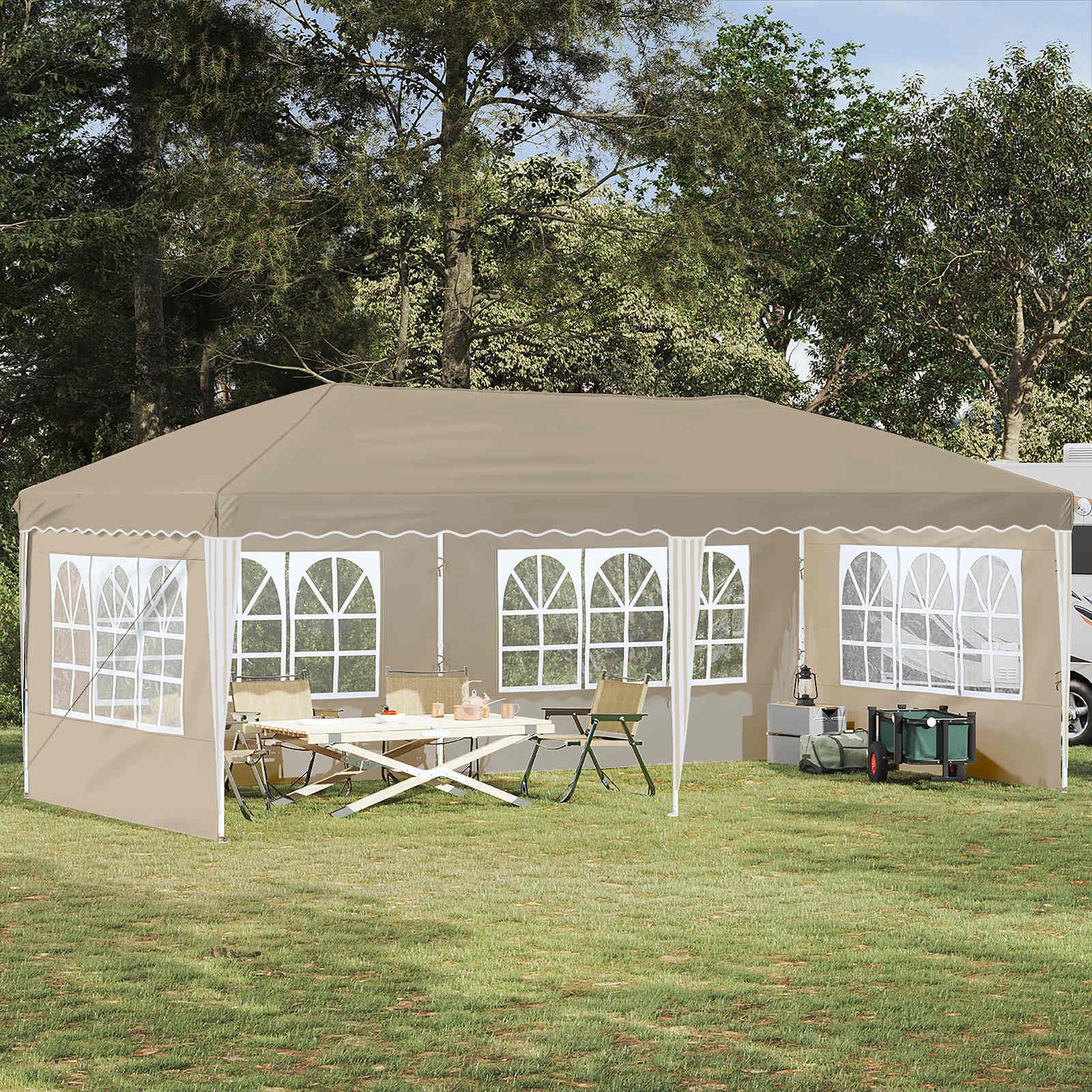 Namiot imprezowy Pop-up 575 x 289 x 245 cm, kremowy, składany, z malowaną proszkowo stalową ramą, odporny na warunki atmosferyczne, odporny na działanie promieni UV, z 4 częściami bocznymi