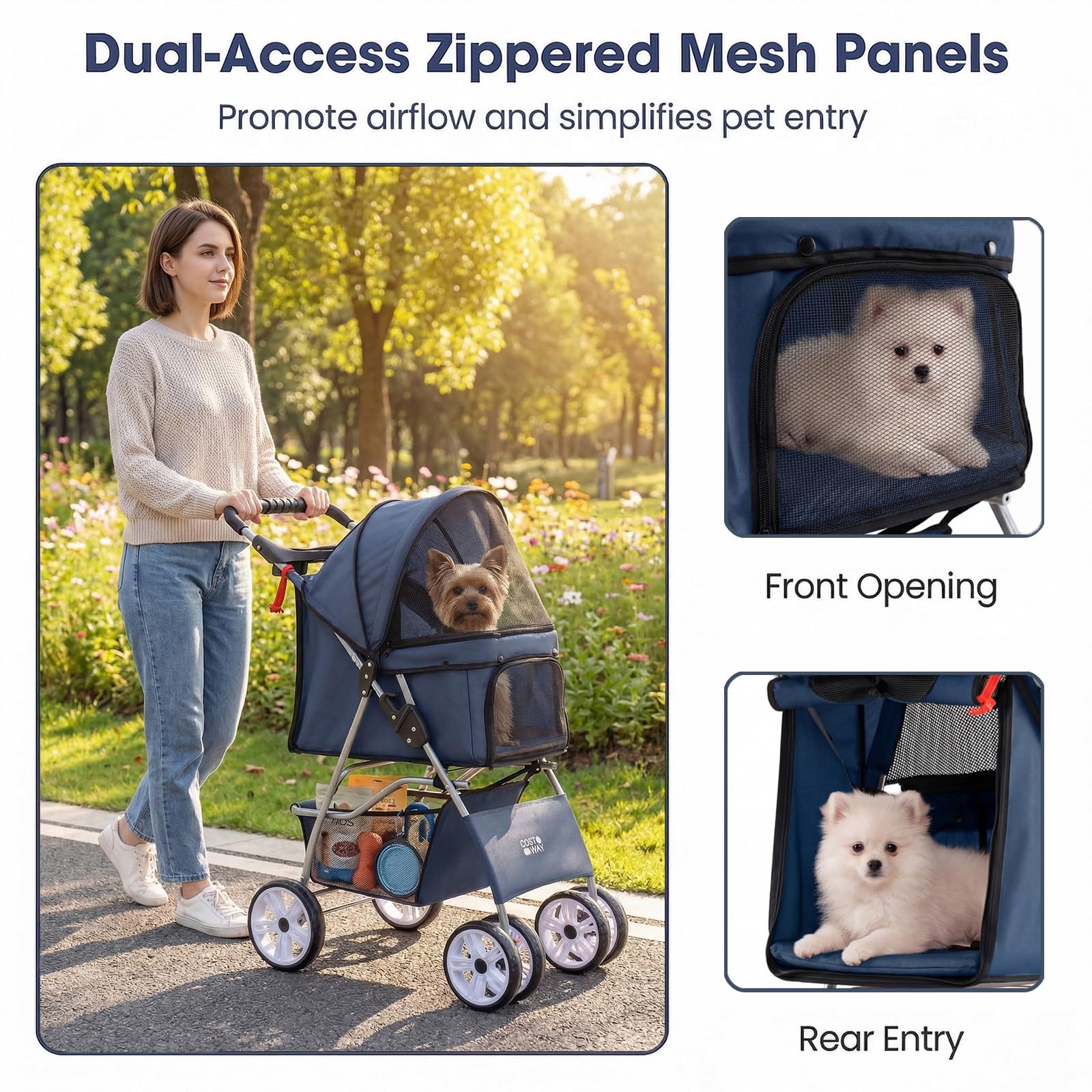 DREAMADE Hundebuggy klappbar, Hundewagen bis 15 kg, Katzenwagen mit Getränkehalter & Aufbewahrungskorb, leichter Katzenbuggy mit Rädern & verstellbarem Sonnendach, Reisewagen für Haustiere (Blau)