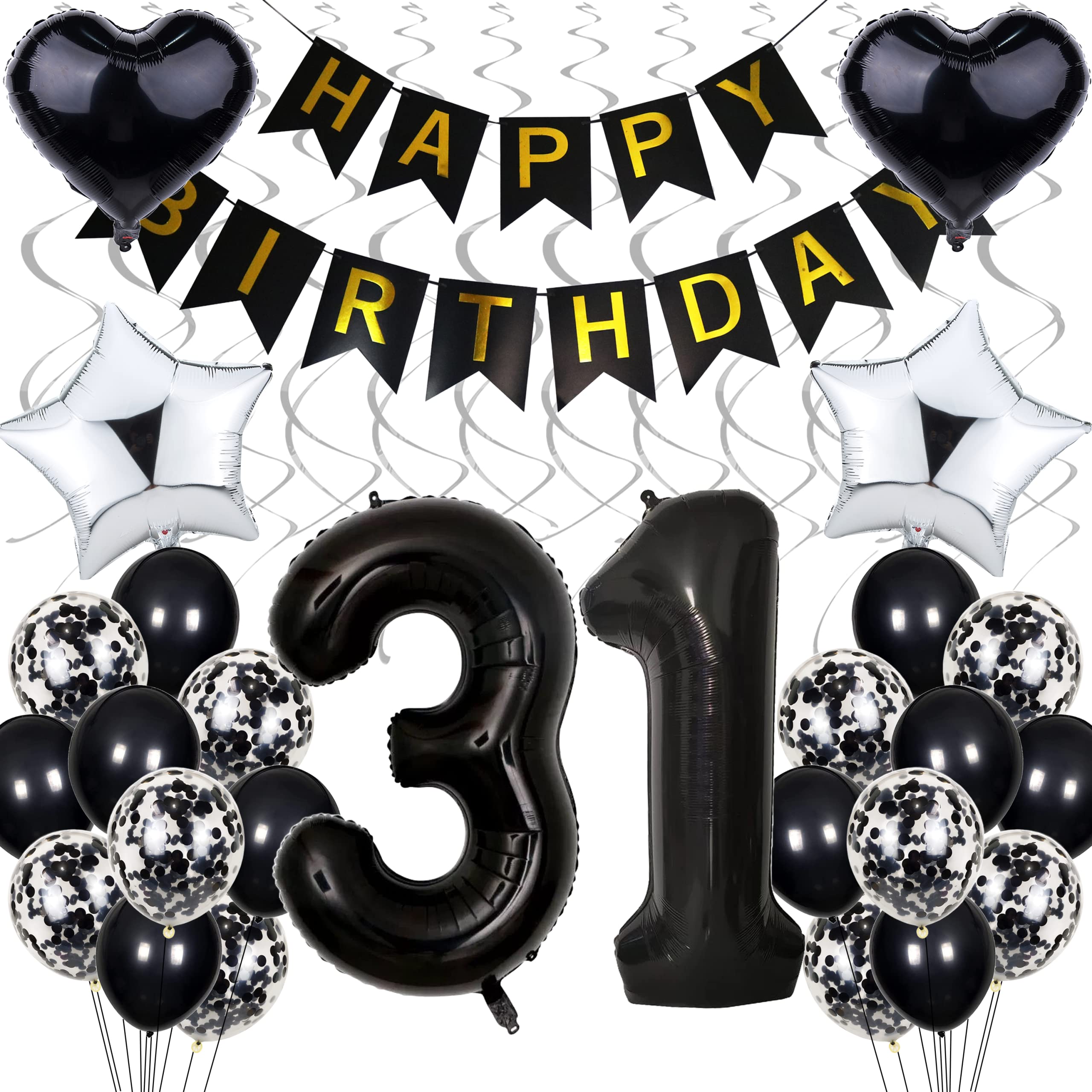 Balloon 31st Birthday Decoration, Black Birthday 31 Years Men, Black and White Party Decoration, 31st Birthday Women Men, Silver Birthday Decoration 31 Years Women, 31st Birthday Decoration for Men