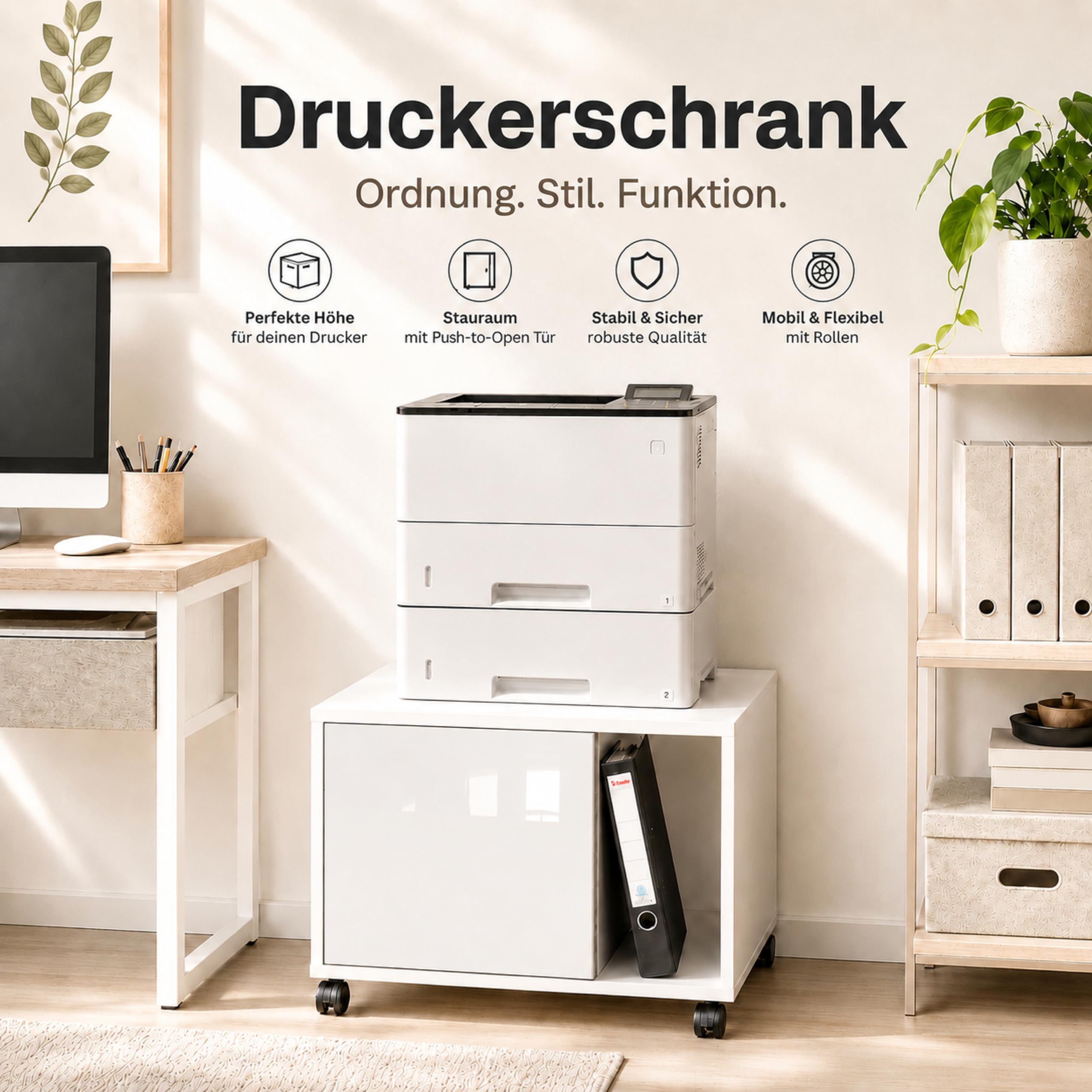 Druckerschrank Amira Weiß Hochglanz Front, Druckerkommode mit Rollen, 58x52x44 cm, Push-to-Open Tür, extra tief und geschlossen