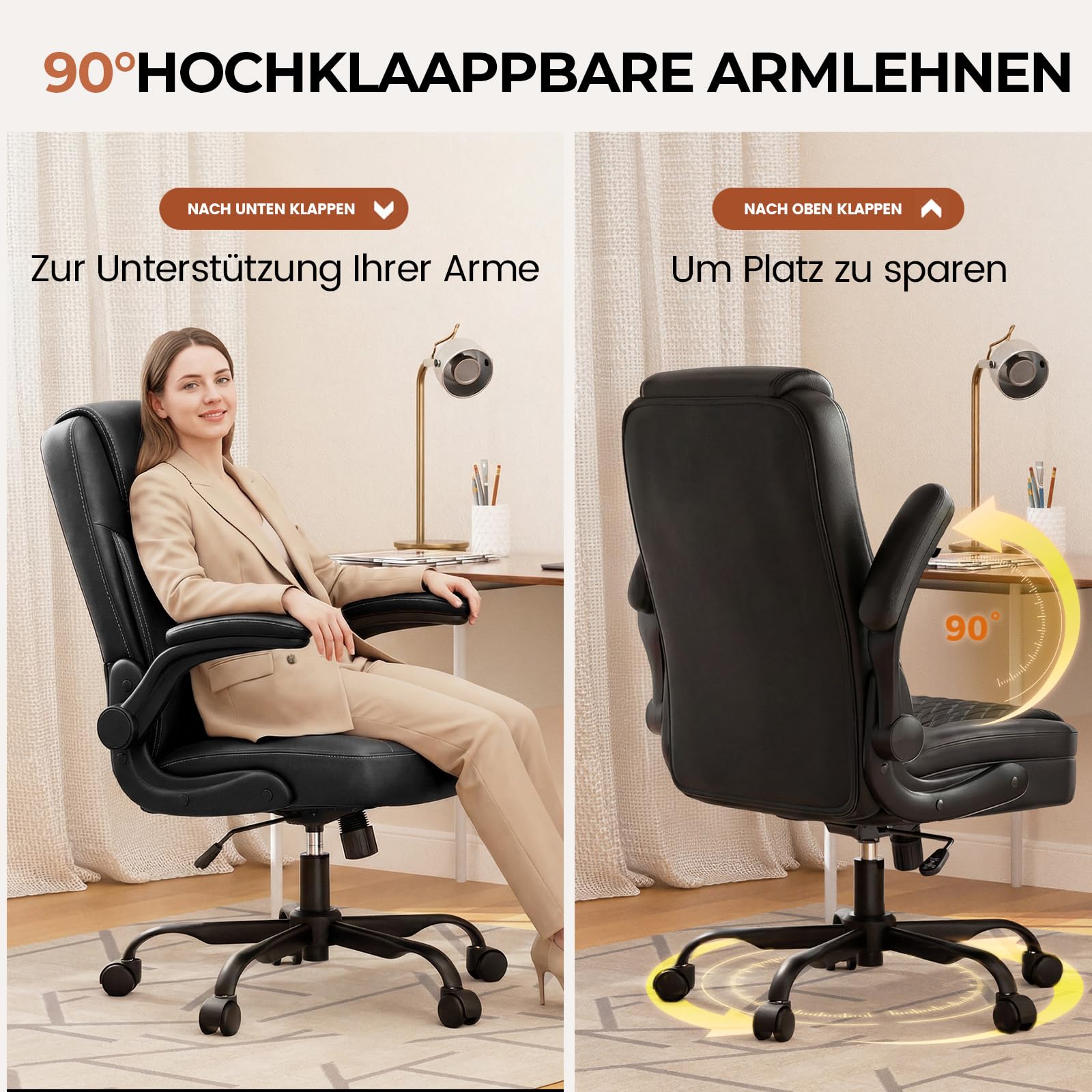 GTPLAYER Bürostuhl Ergonomisch, Schreibtischstuhl, Chefsessel mit Hoher Rückenlehne, Hochklappbaren Armlehnen, Höhenverstellbar, PU-Leder, Extra Breiter Sitz, für Büro & Homeoffice, Schwarz