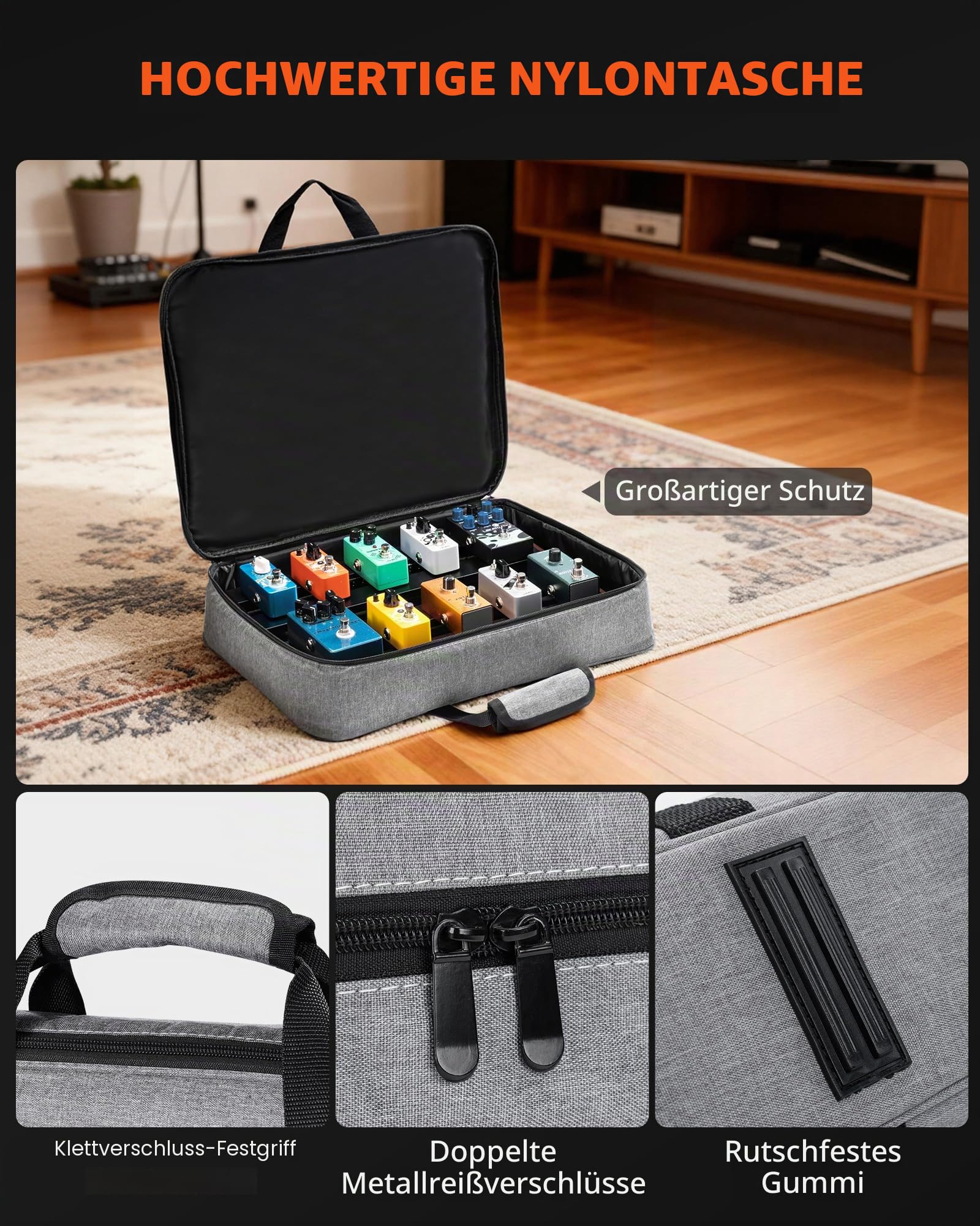 LEKATO Gitarren-Pedalboard mit integriertem Netzteil, 39,4 x 28 x 5 cm großes Effektpedalboard für Bühne Studio Zuhause, Aluminiumkonstruktion, integrierte isolierte Stromversorgung (PB-03S)