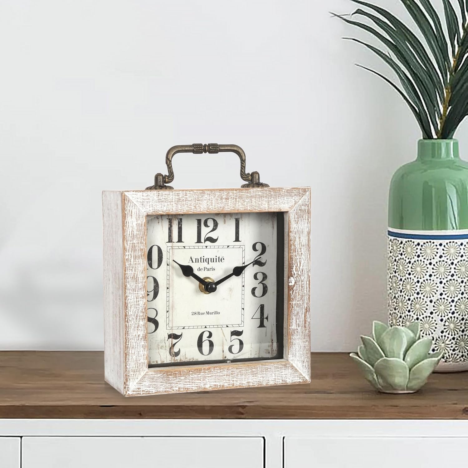 Retro Desk Clock, Vintage Table Mantel Clock, Wooden Table Clock for Living Room, Bedroom, Shelf Decoration, Farmhouse Decor (White Color)
