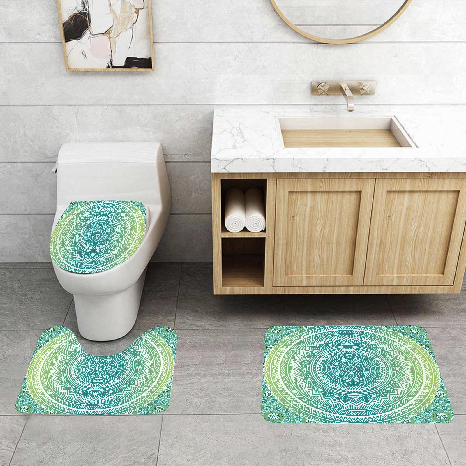 Set di 3 tappetini da Bagno, Lavabili in Lavatrice e Antiscivolo, in Morbida Fibra Superfine, nei Colori Verde Acqua e Lime, con Motivo Mandala Etnico e Petali in Stile Hippie.