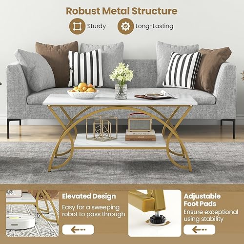 Miniatura 15 de COSTWAY Mesa auxiliar de 2 niveles, moderna mesa decorativa de mármol sintético con almacenamiento y marco de metal acabado negro, elegante mesa