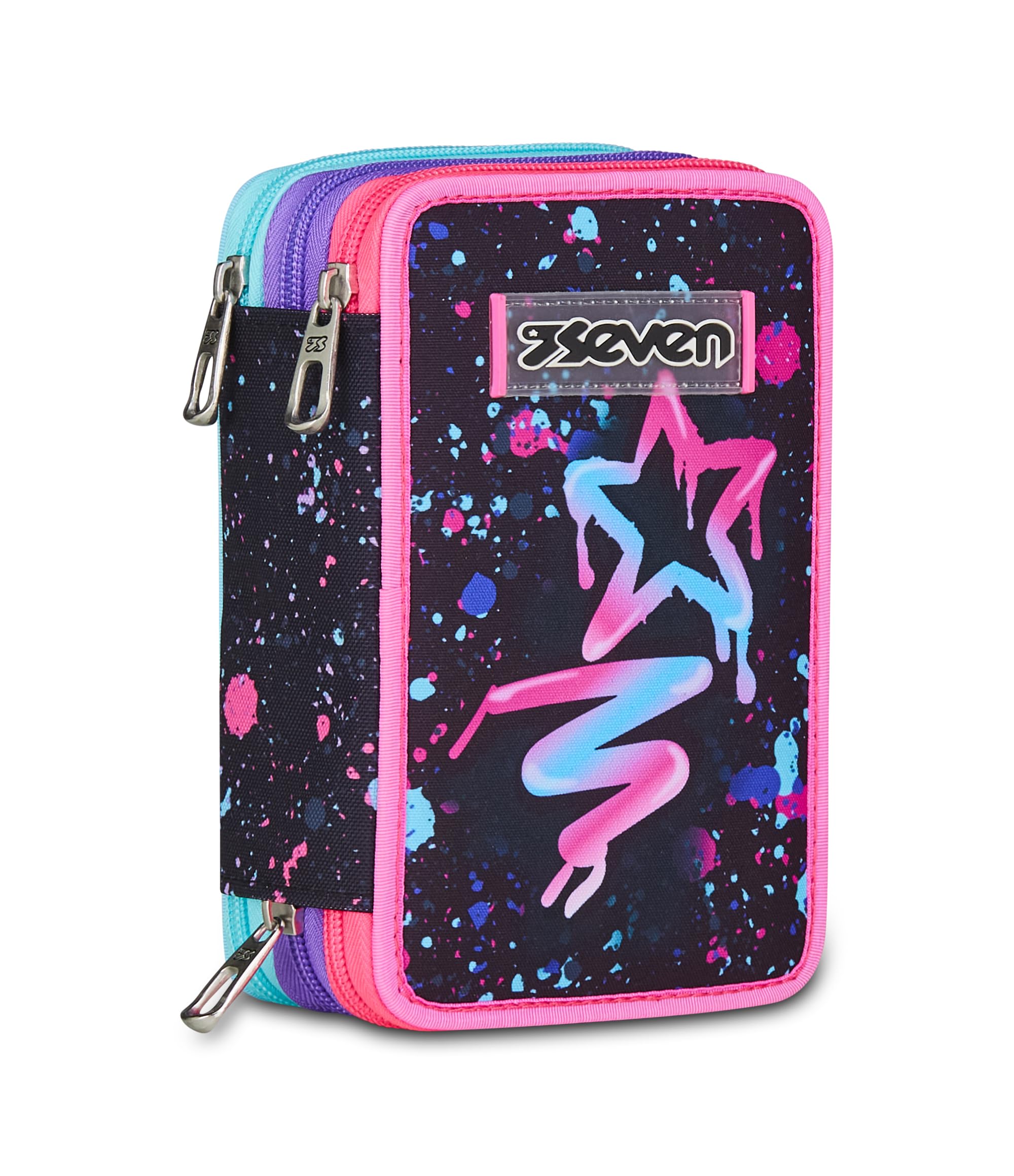 Seven Federmäppchen, Mäppchen, Mehrfarbig, Federtasche für Schreibwaren, Etui komplett mit Bleistiften, Filzstiften, Schulmaterial, mit 3 Fächern, Mädchen, Schule - Grundschule, XXL, Mehrfarbig