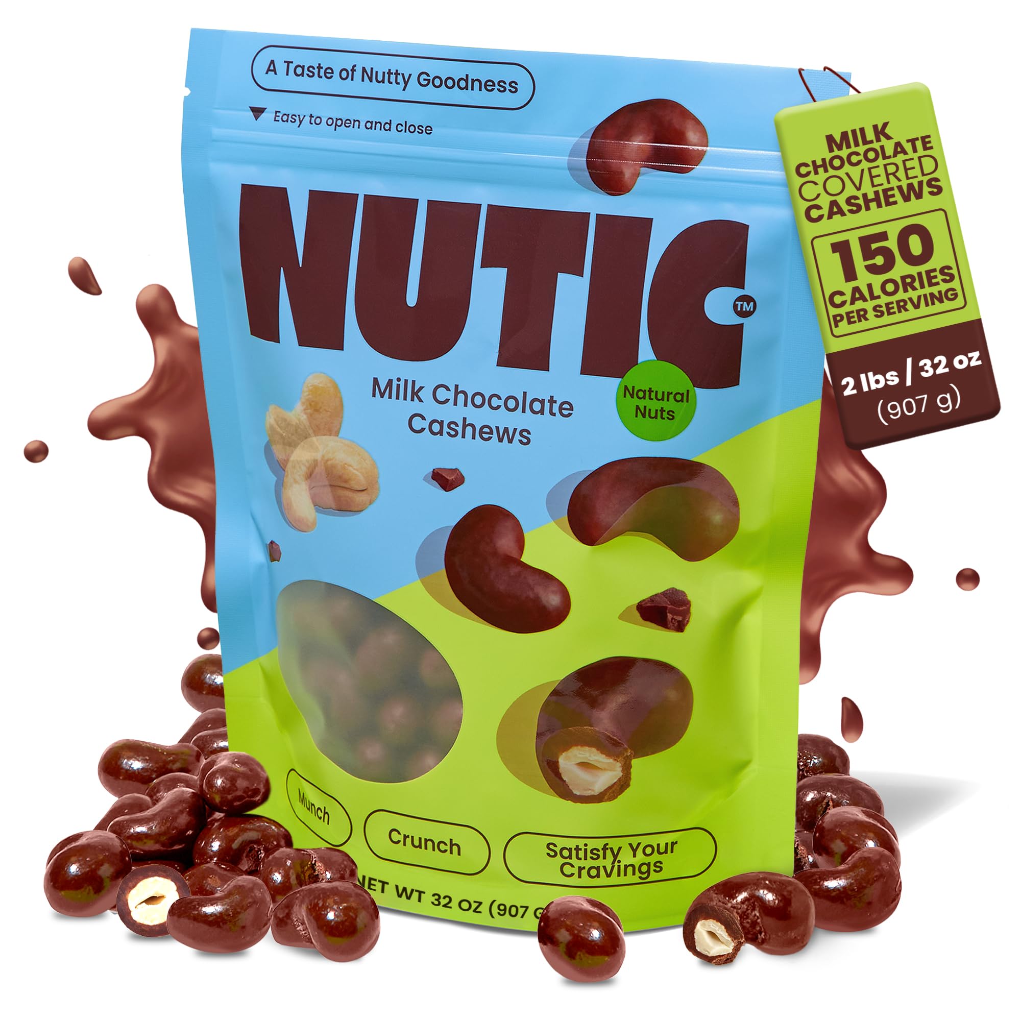 Nutic Milk Chocolate Covered Cashews - 2LB, Creamy Delights for Snacking & Gifting, Irresistible Chocolate-Covered Nuts for Holidays and Everyday Indulgence - Made in the USA - (Pack of 1)