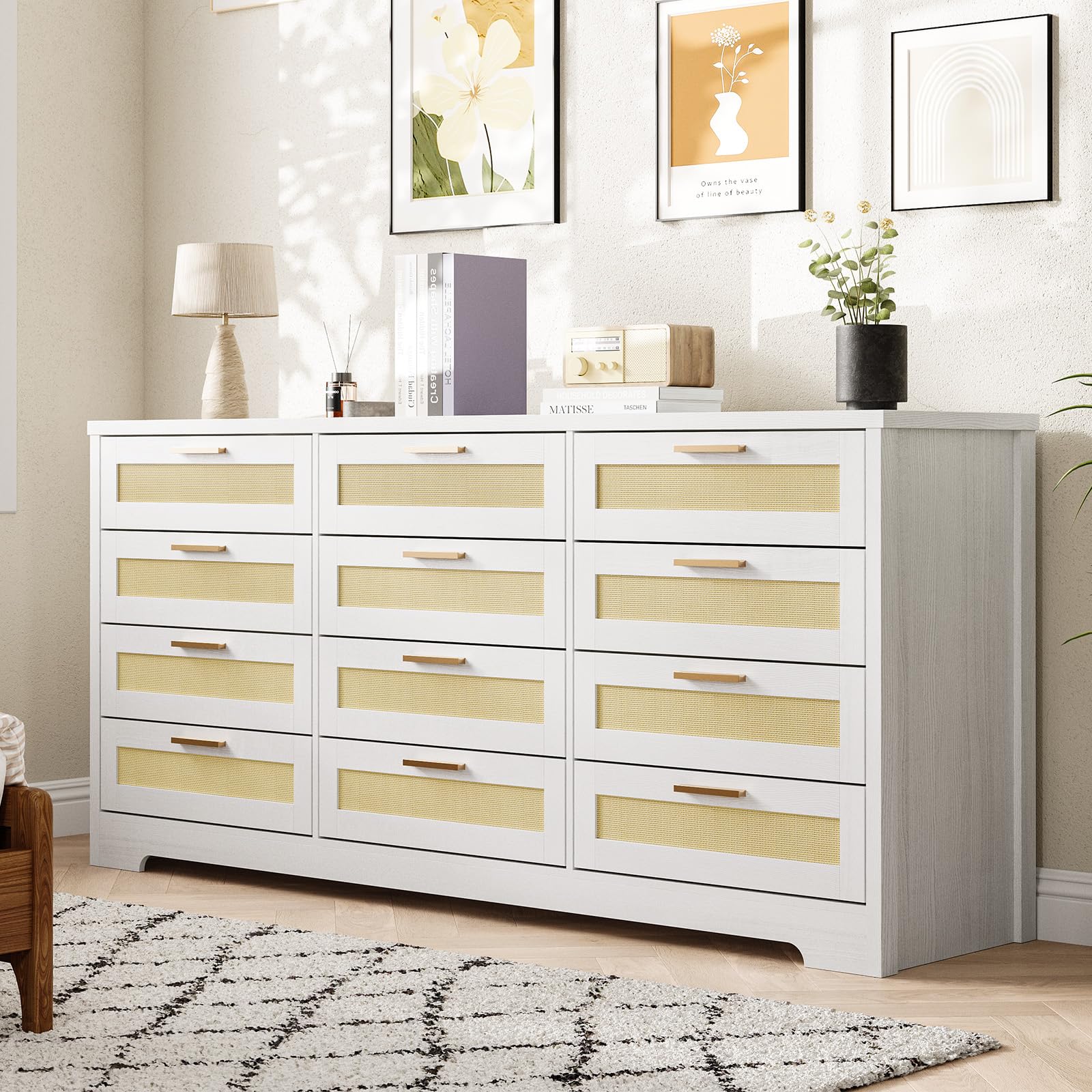 Photo 1 of ***UPDATED 6/5*** Patikuin Rattan 12-Drawer Dresser, Modern Farmhouse Chest of Drawers, Space Saving Storage Organizer for Bedroom Living Room & Apartment, Holds Up to 55'' TV, White