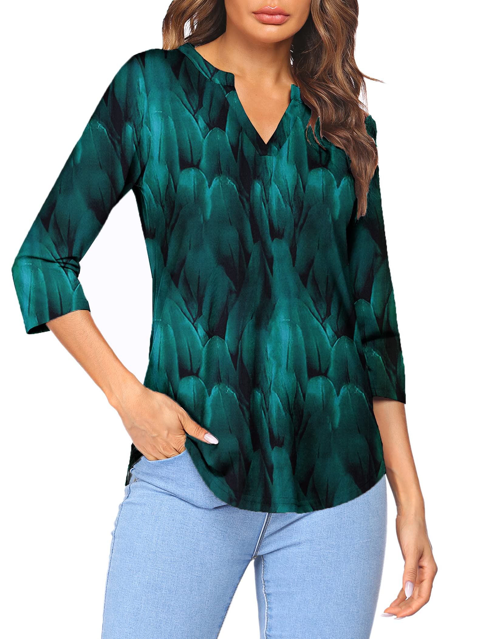 Sherosa Women's 3/4 Sleeve Shirts V Neck Casual Henley Work Tops Blouses