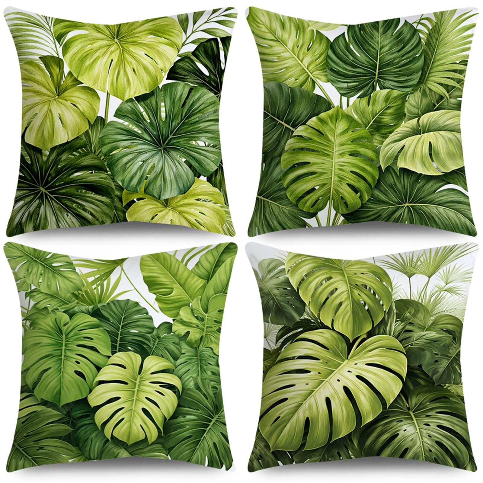 Heaen Outdoor Cushion Covers 45x45 cm Set of 4 Waterproof Linen Throw Pillowcases Green Leaves Square Decorative Pillow Covers for Garden Patio Furniture