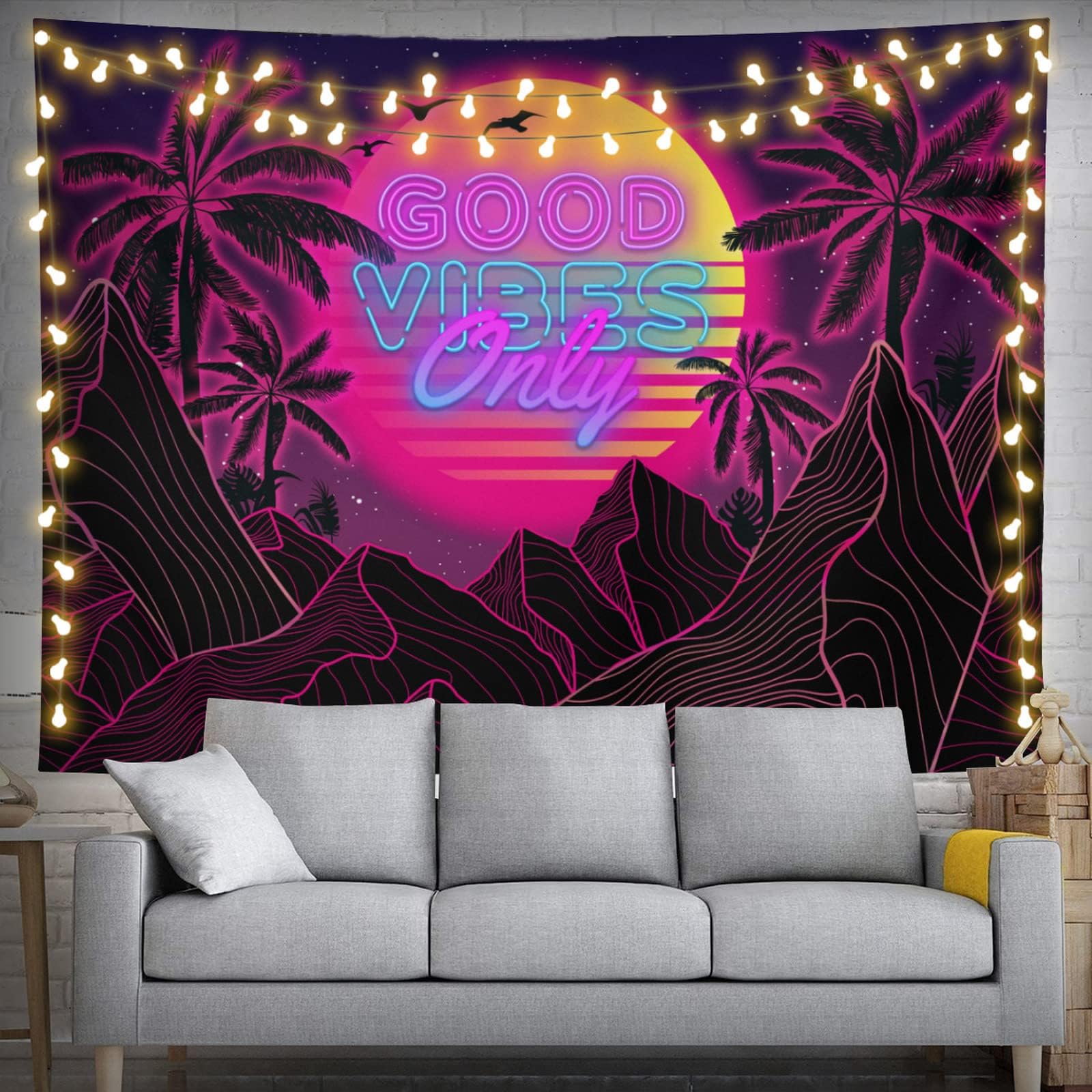 feelacleGood Vibes Only Tapestry Hippie Retro Neon Stly Tapestry 60" X 40" Tropical Palm Mountain Wall Hanging Party Decorations Home Decor For Bedroom Living Room Dorm (150 X 100cm)
