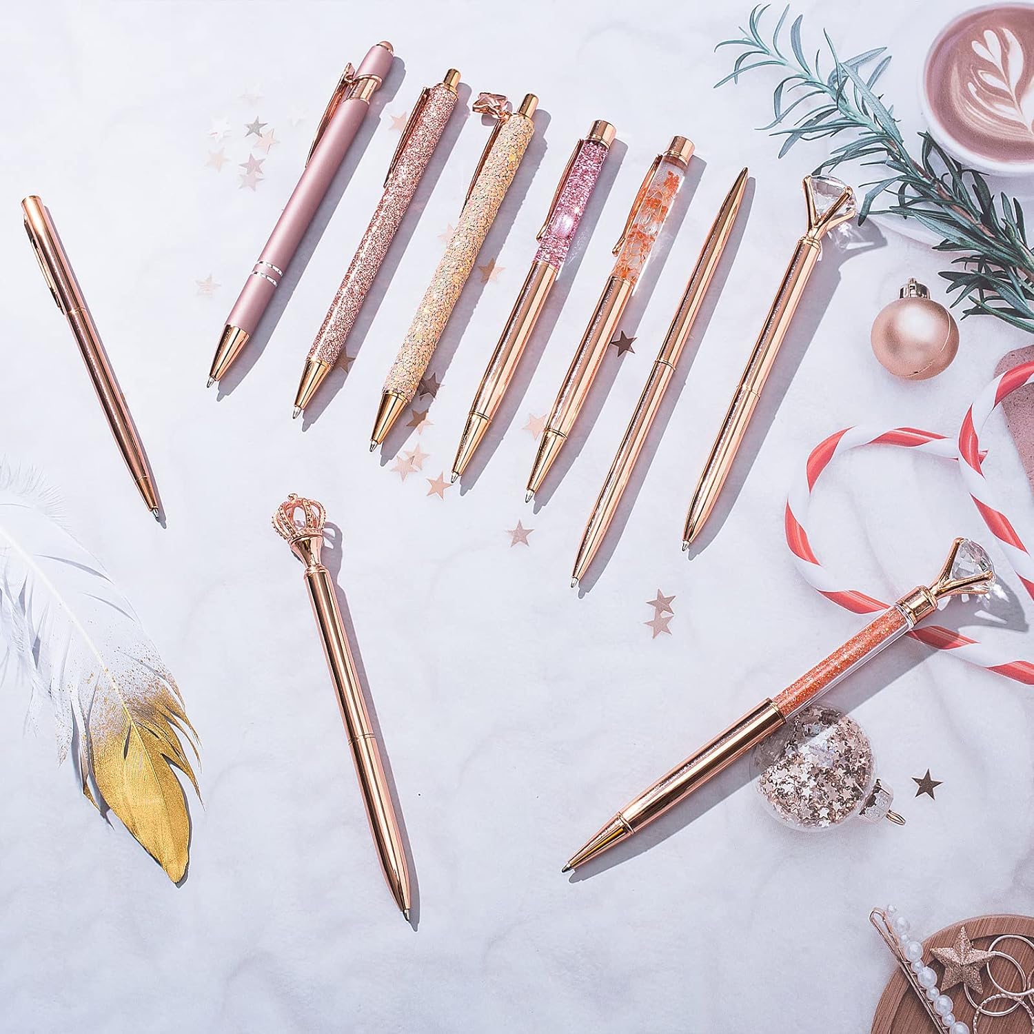 9 Bolígrafos De Metal Con Diamantes Para Diario, Tinta Negra, Retráctil, Con Purpurina, Para Mujer, Escuela, Boda, Oficina, Computadora, Suministros Para El Hogar (oro Rosa