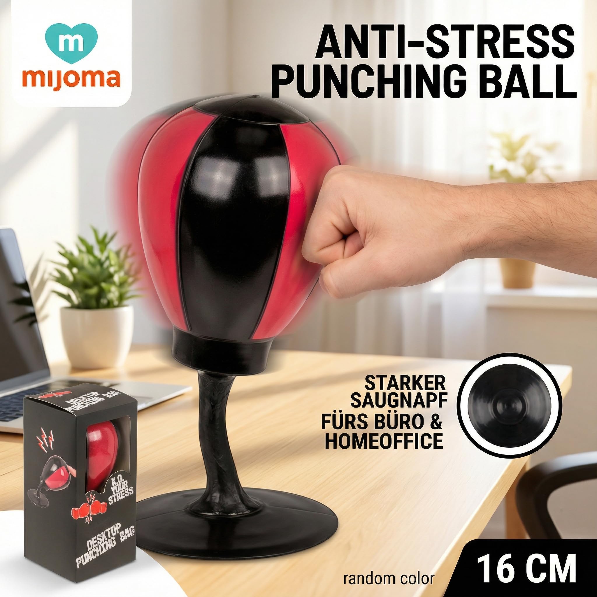 MIJOMA Borsa da boxe da scrivania 16 cm – Antistress Punching Ball con ventosa, colore casuale – Divertente antistress per ufficio e home office